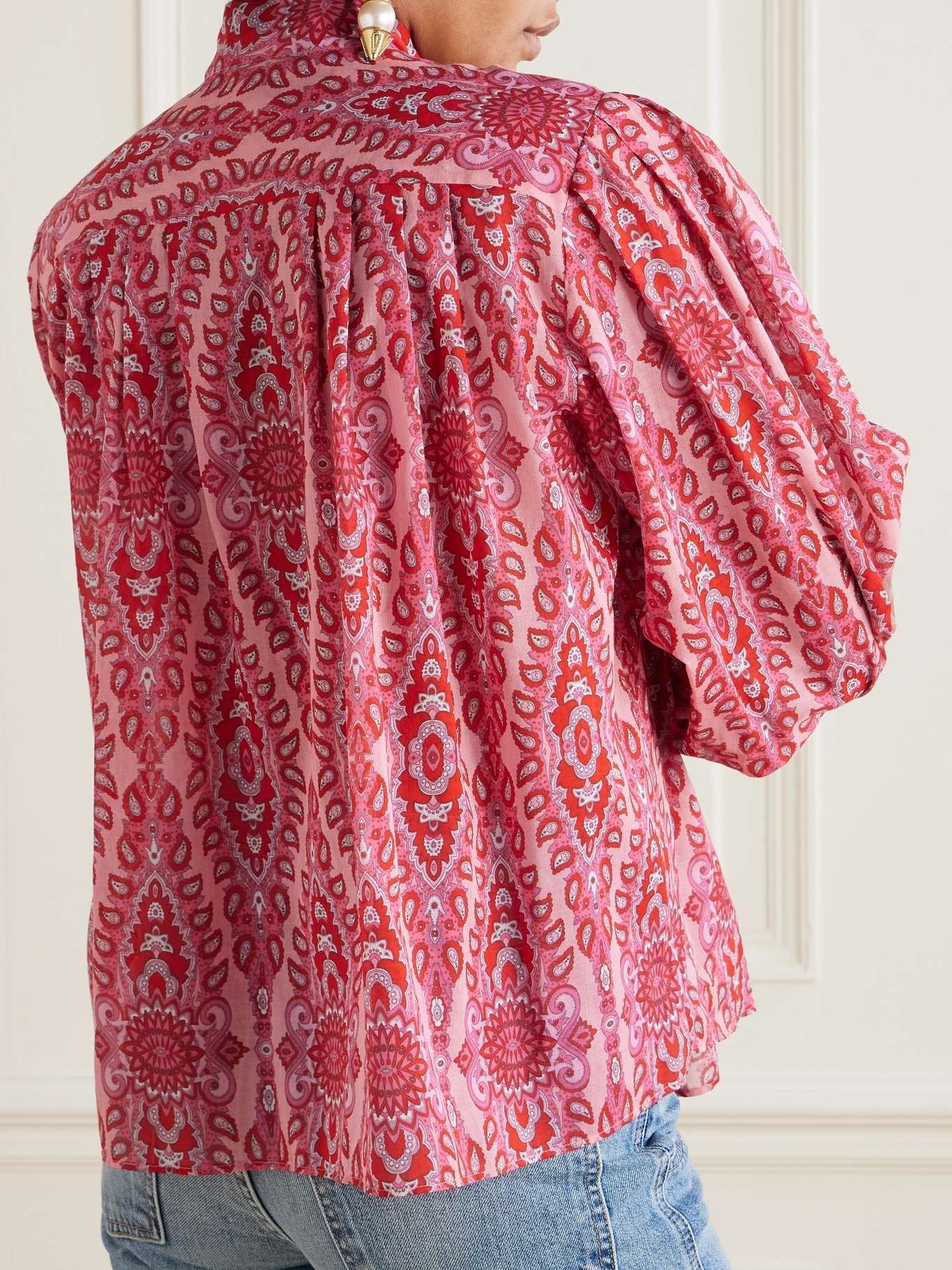 Pussy-bow pleated paisley-print cotton-poplin blouse Pink - 4