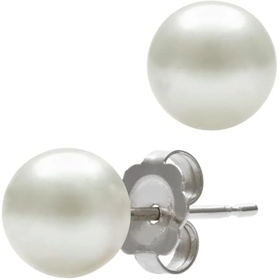 Belacqua 7-8mm White Freshwater Button Pearl Stud Earrings in 14KWhite Gold Jewelry for Women - 1