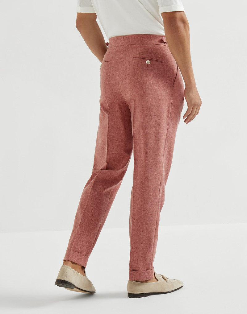Virgin wool, cotton and silk mouliné trousers with reversed double pleats and waist tabs 3