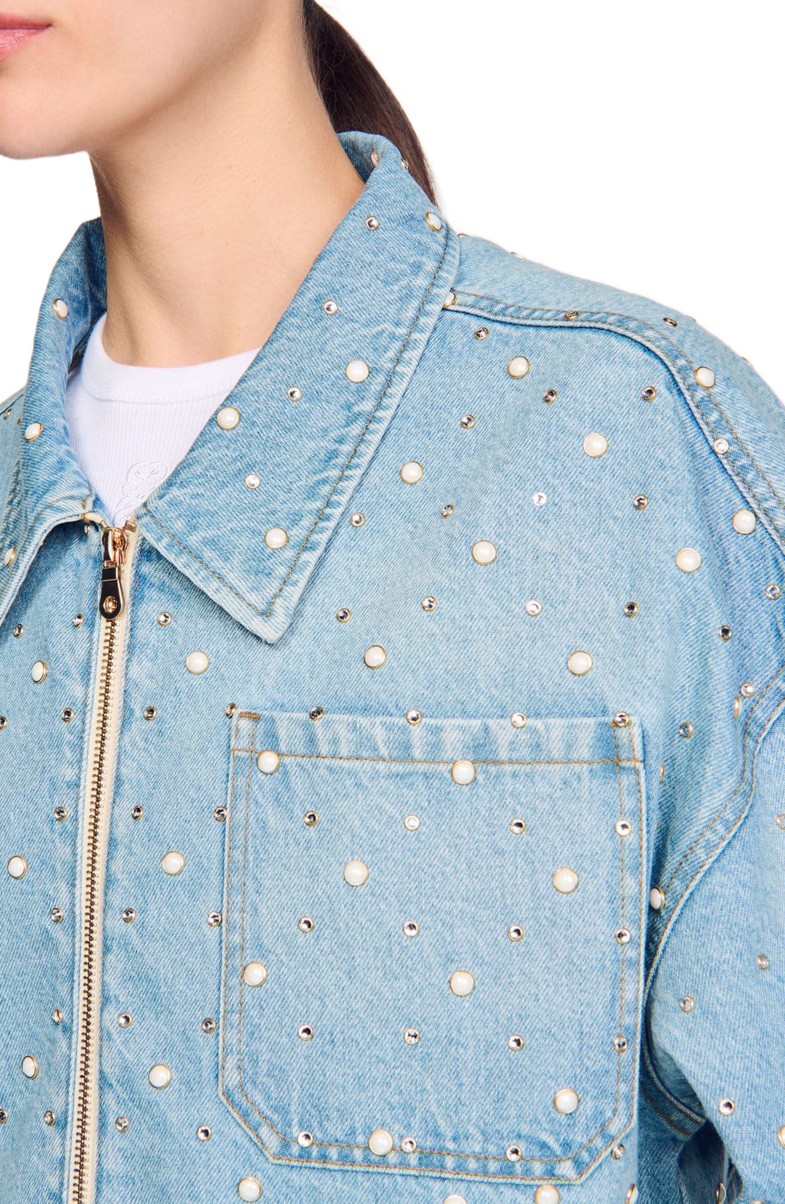 SANDRO Beaded and rhinestone denim jacket in Blue Jean at Nordstrom - 4