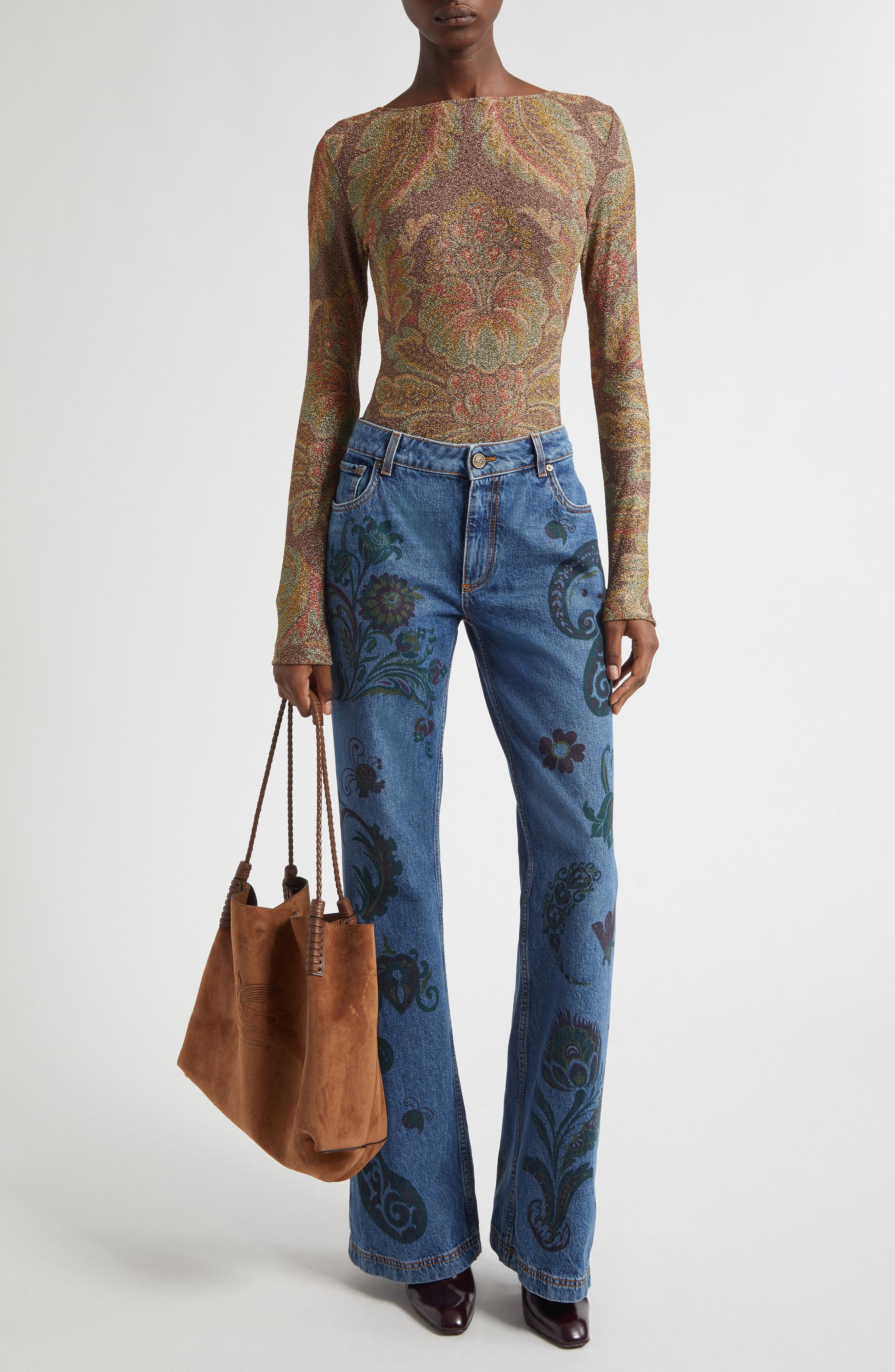 Etro Paisley Metallic Long Sleeve Top in Print On Black Base at Nordstrom - 2