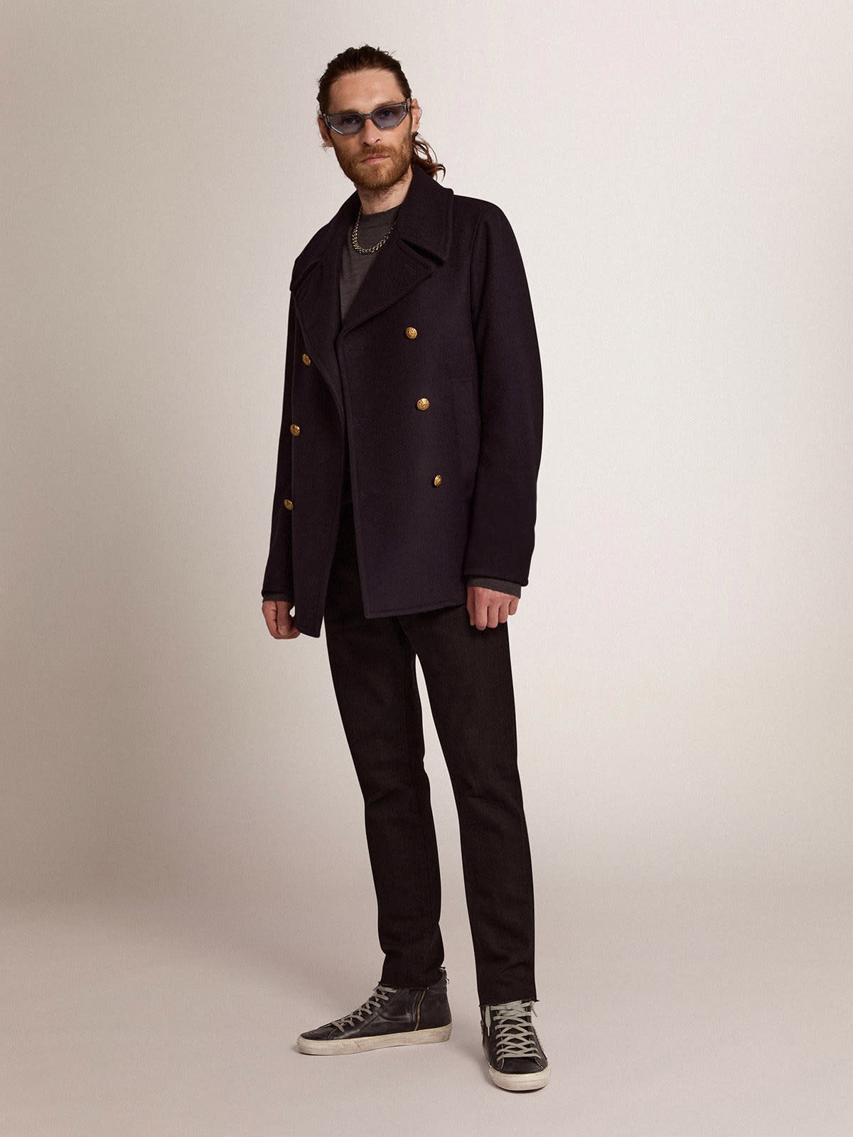 Men's double-breasted coat in dark blue wool with gold buttons - 3