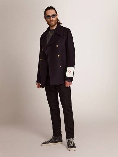 Golden Goose Men's double-breasted coat in dark blue wool with gold buttons outlook