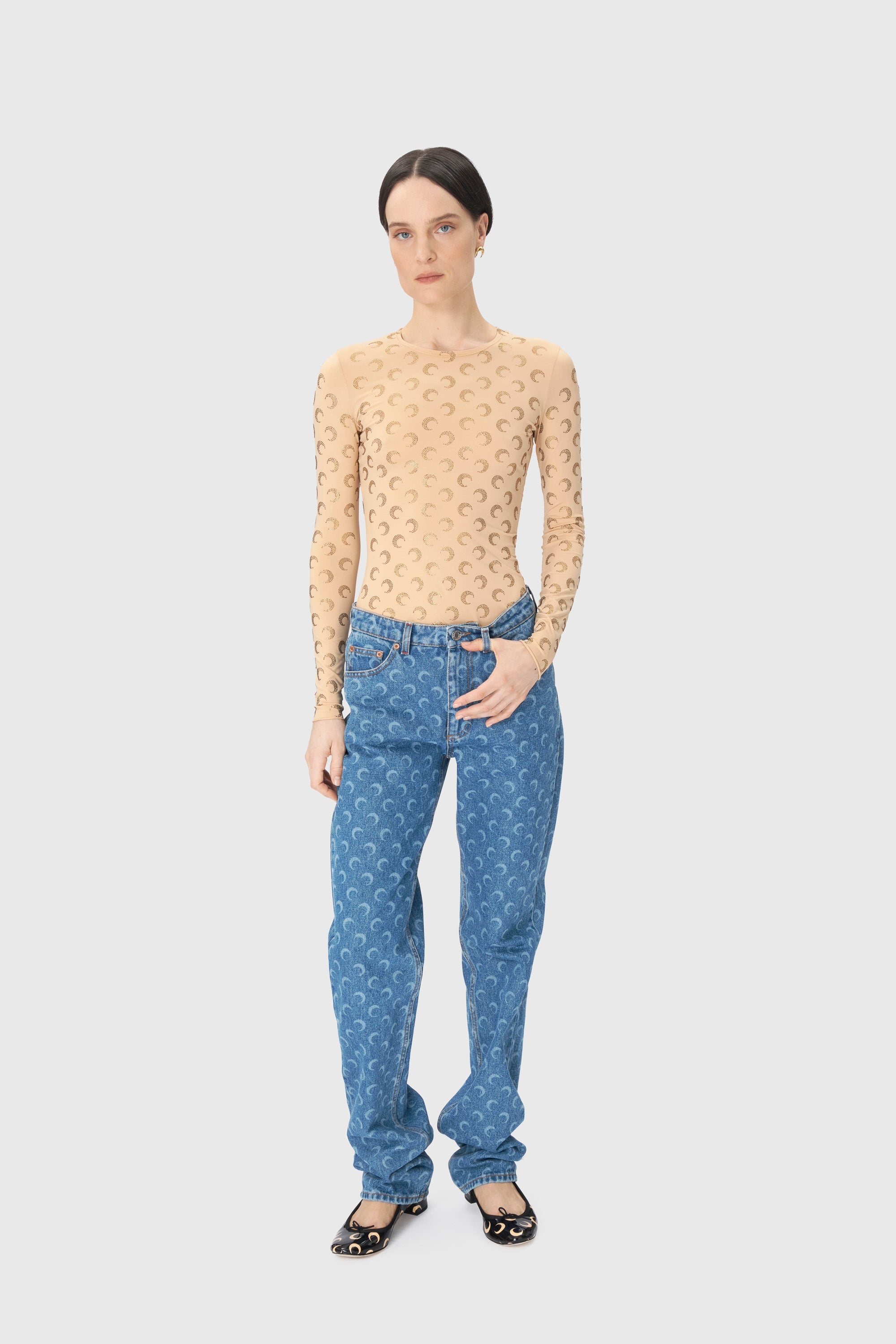 Recycled Moon Strass Jersey Second Skin Crewneck Top - 2