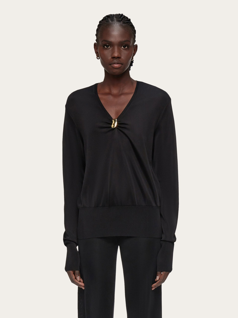 FERRAGAMO V-neck sweater with golden clip outlook