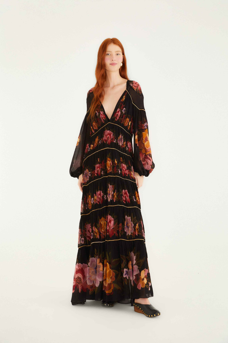 Black Chenille Flowers Long Sleeve Midi Dress 1