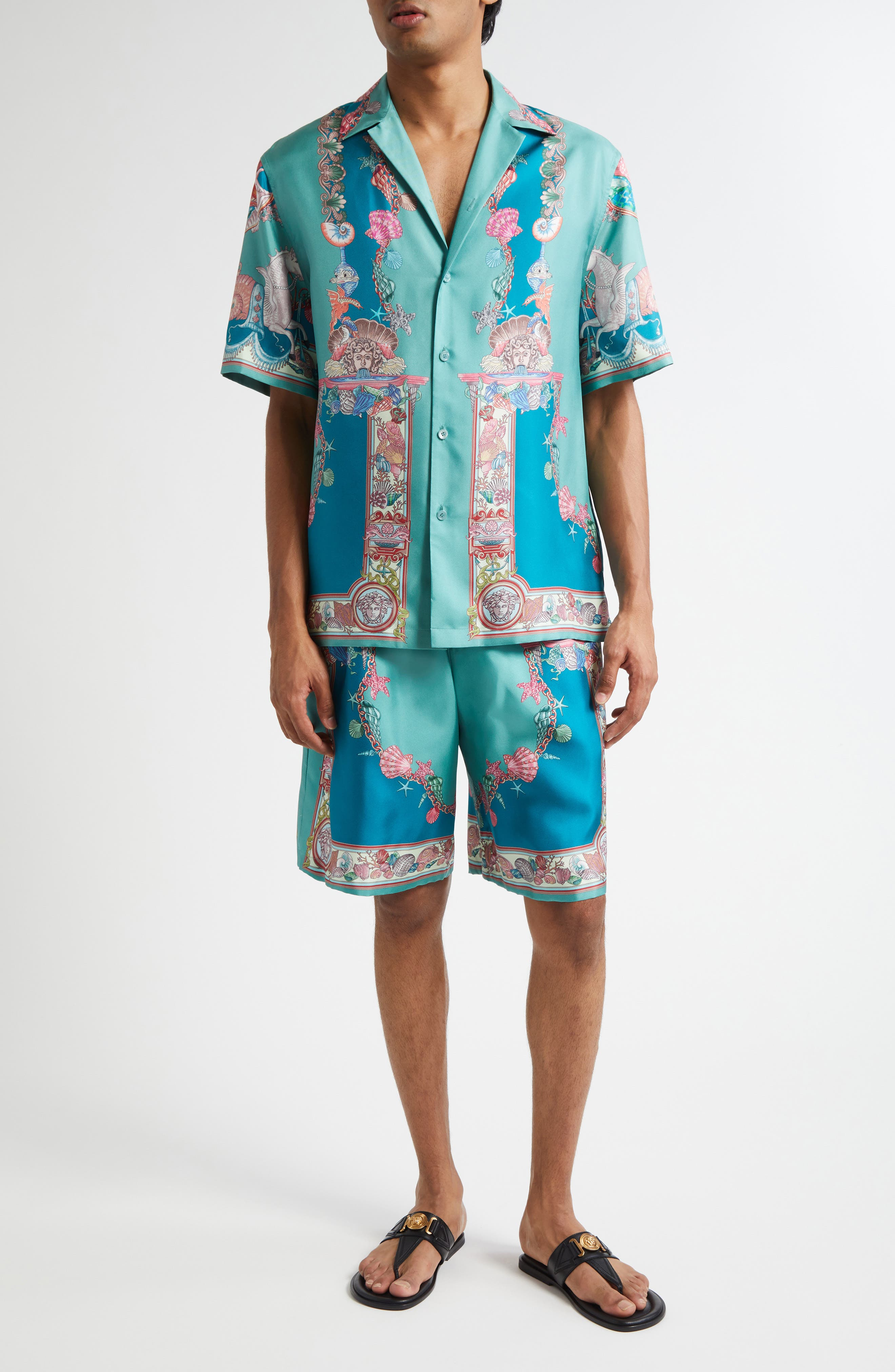 Versace Coral Theater Silk Twill Camp Shirt in Sea Green Dark Sea Green at Nordstrom - 2
