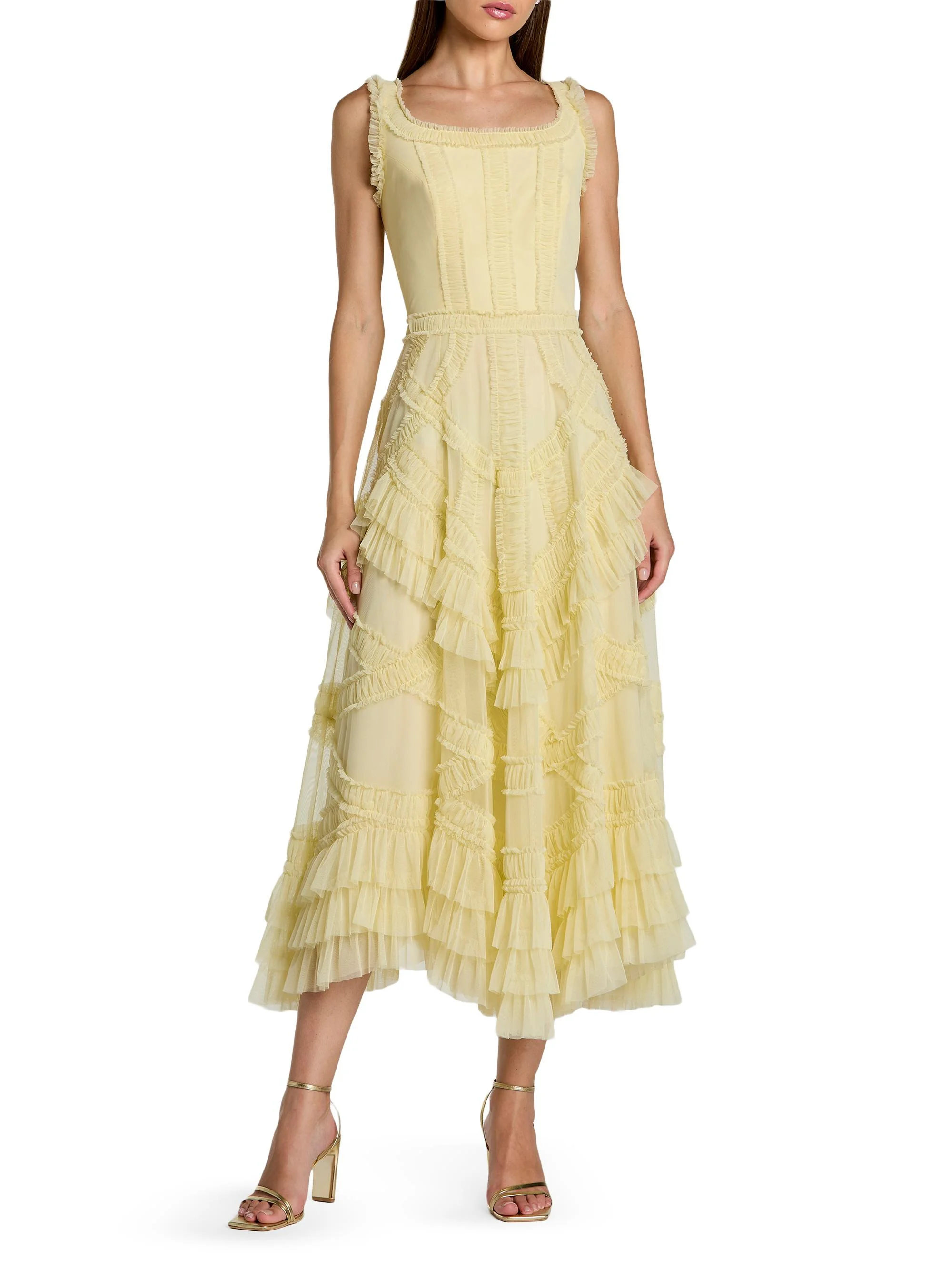 Women's Mesh Ruffled Scoopneck Midi-Dress - Buttercup - 1