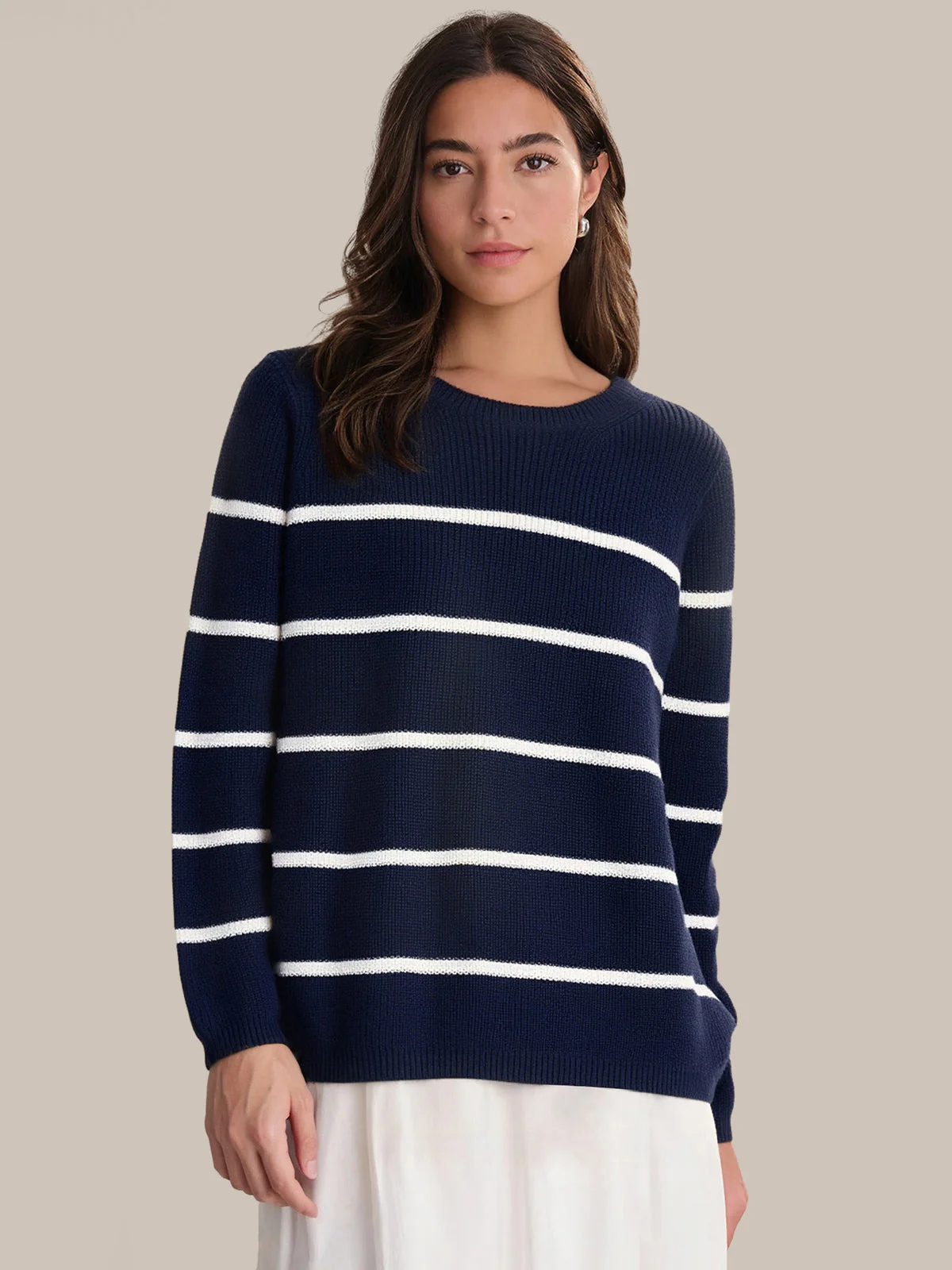 Emma: Stripe Crewneck Shaker Stitch Cotton Sweater - 1