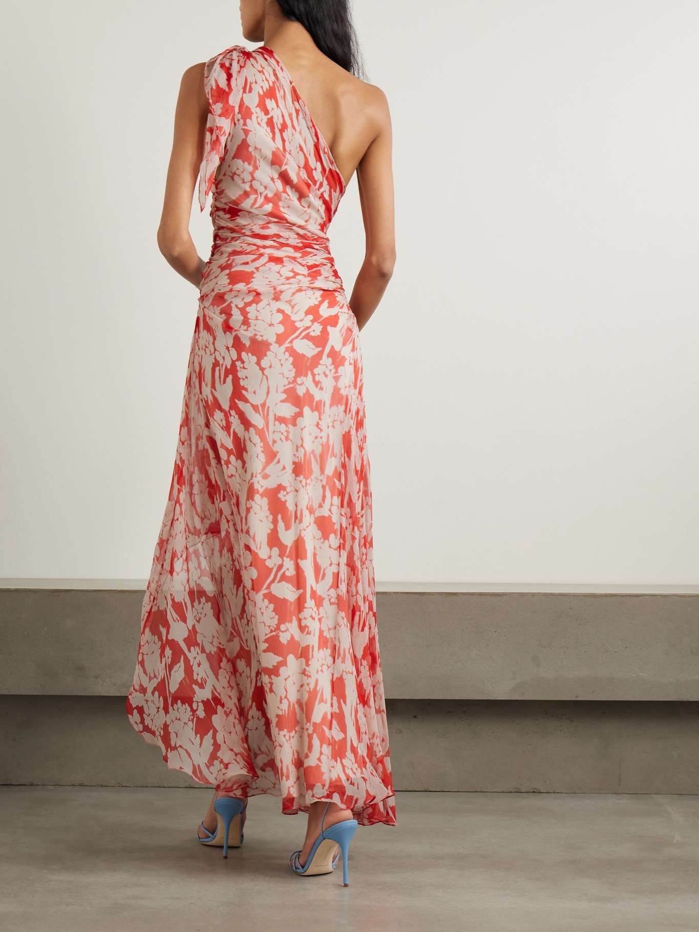 One-shoulder draped floral-print silk-georgette maxi dress Red - 3