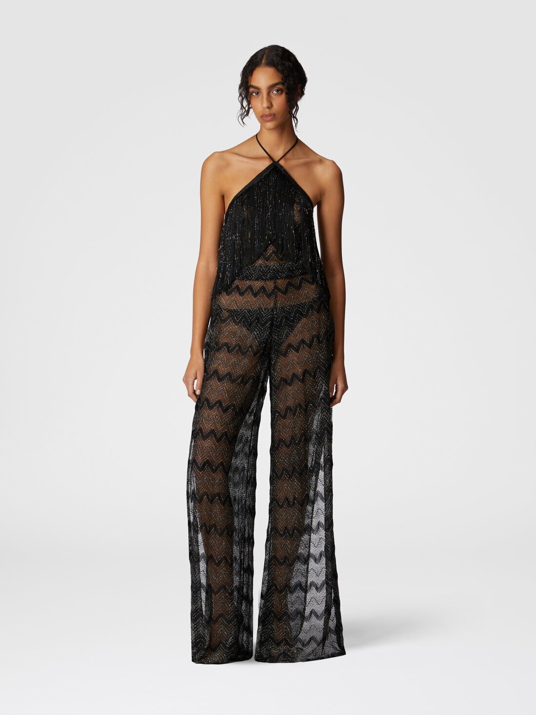 Zig zag lamé viscose jumpsuit with fringes - 2