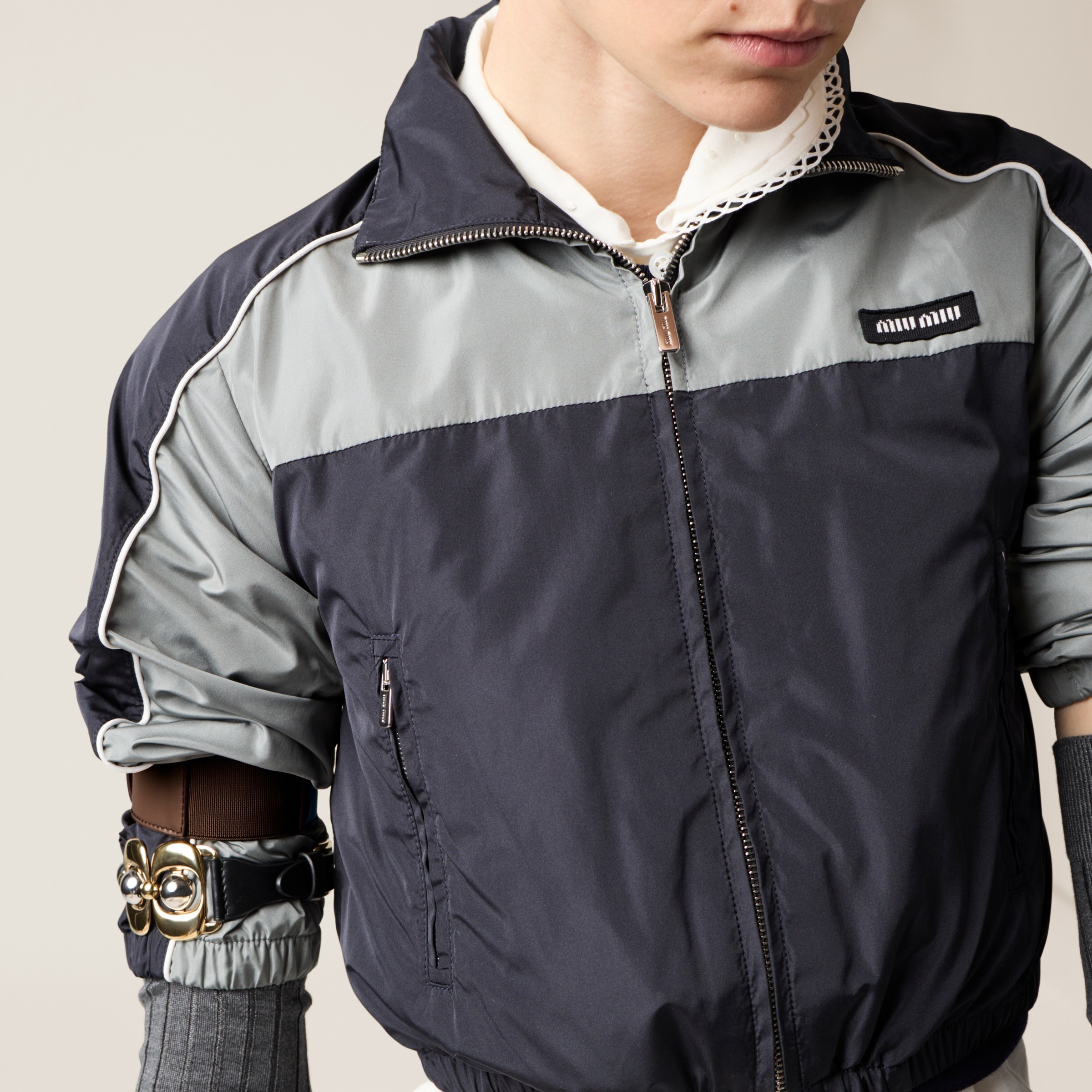 ブルゾン MiuMiu | Technical silk zipper blouson jacket Blue/lead Gray Technical Silk Zipper Blouson Jacket | Miu Miu