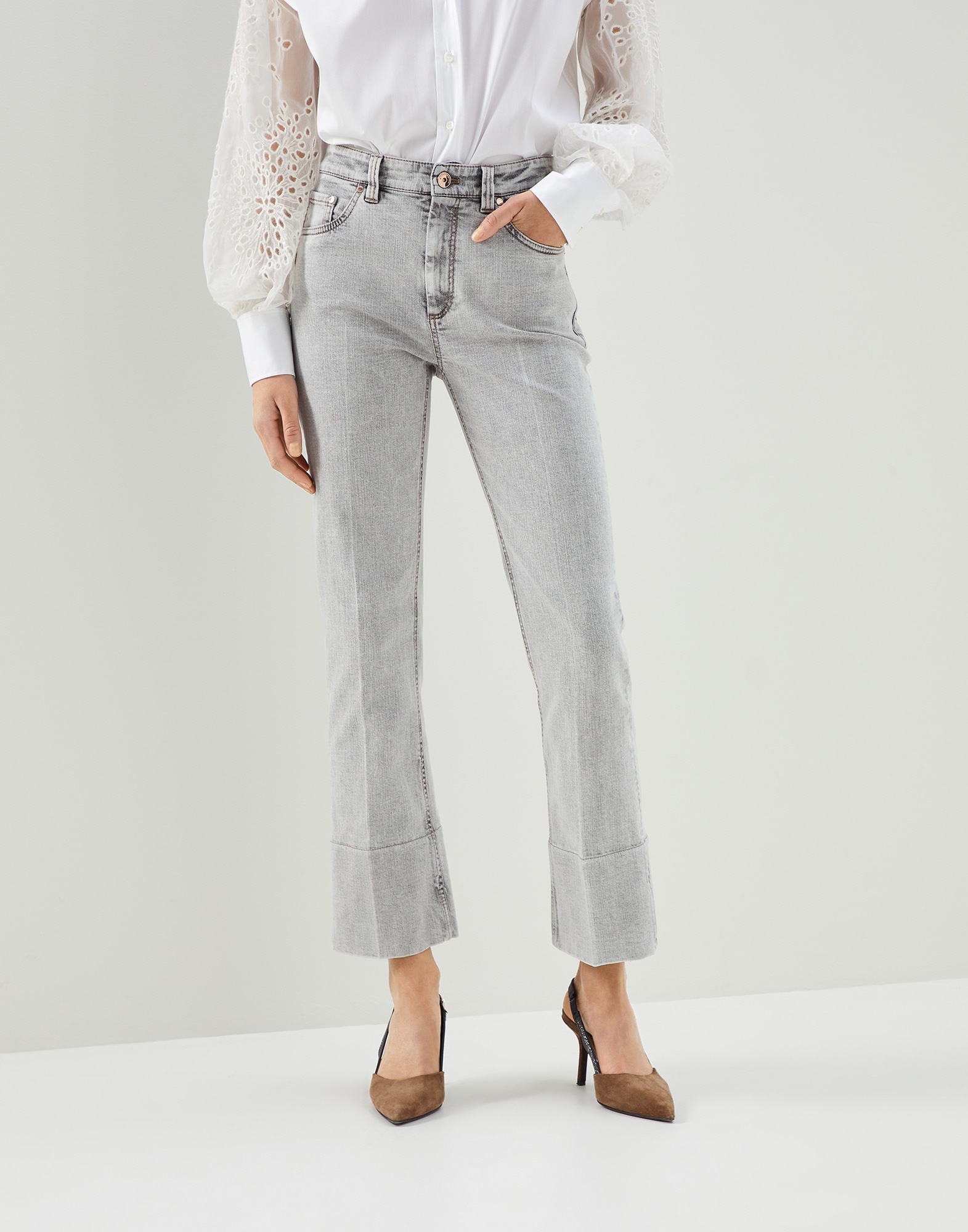 Comfort denim flared trousers with shiny tab - 1