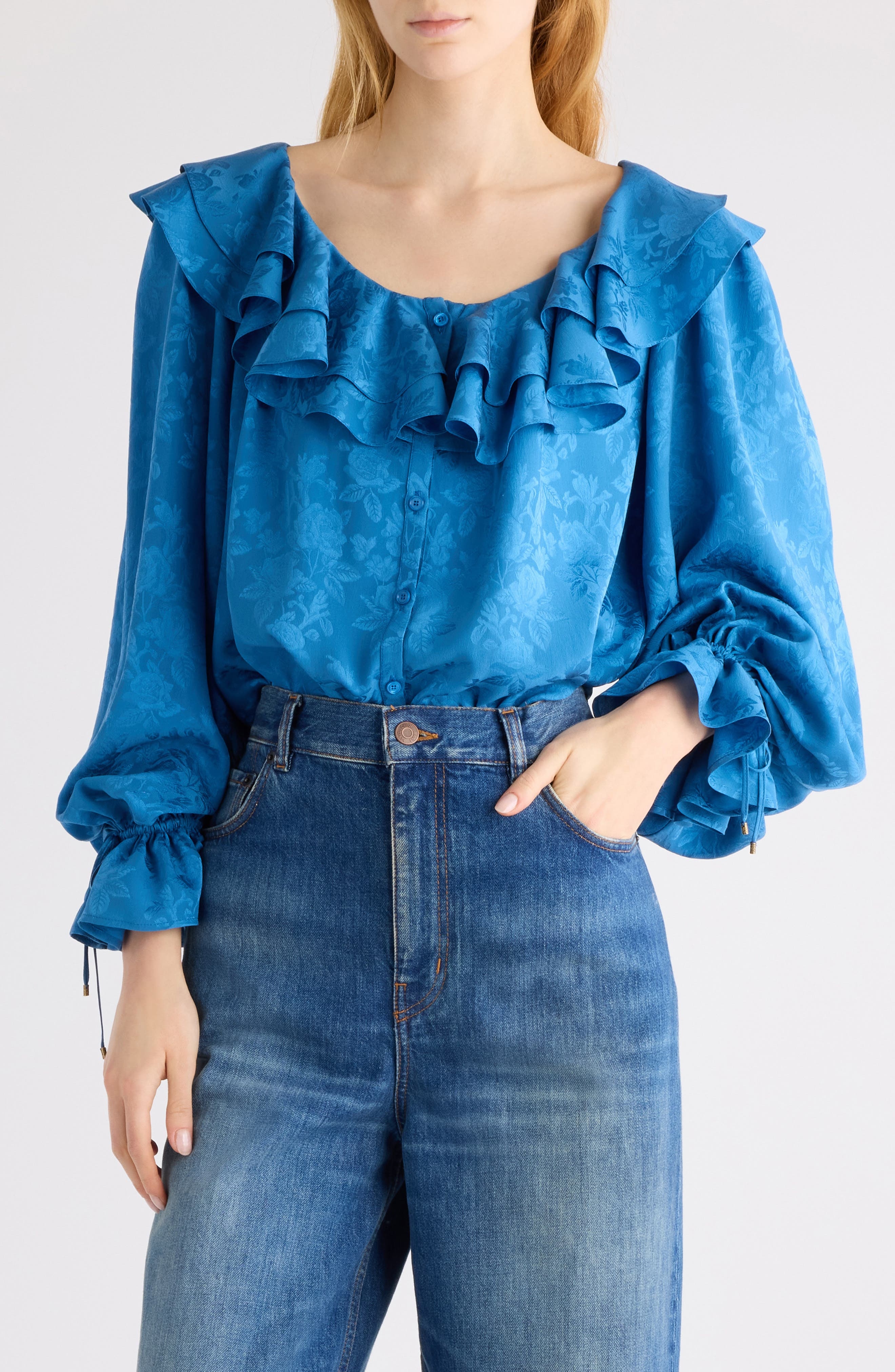 Chloé Floral Jacquard Silk Top in Deep Water at Nordstrom - 1