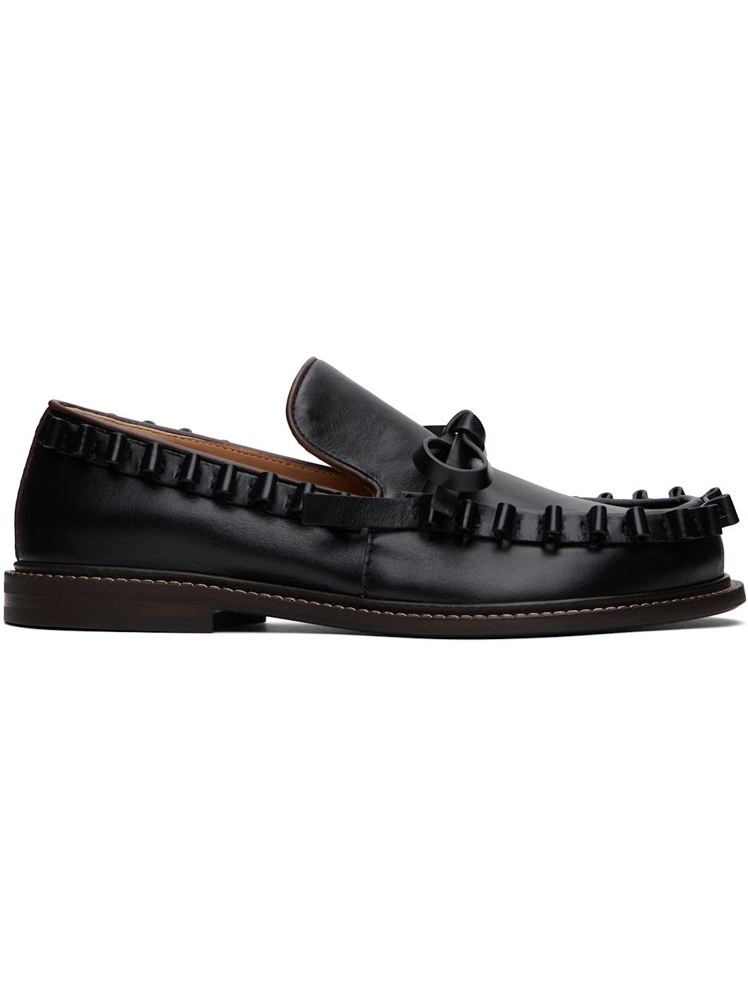 Black Ruffle Leather Slip-on Loafers - 1