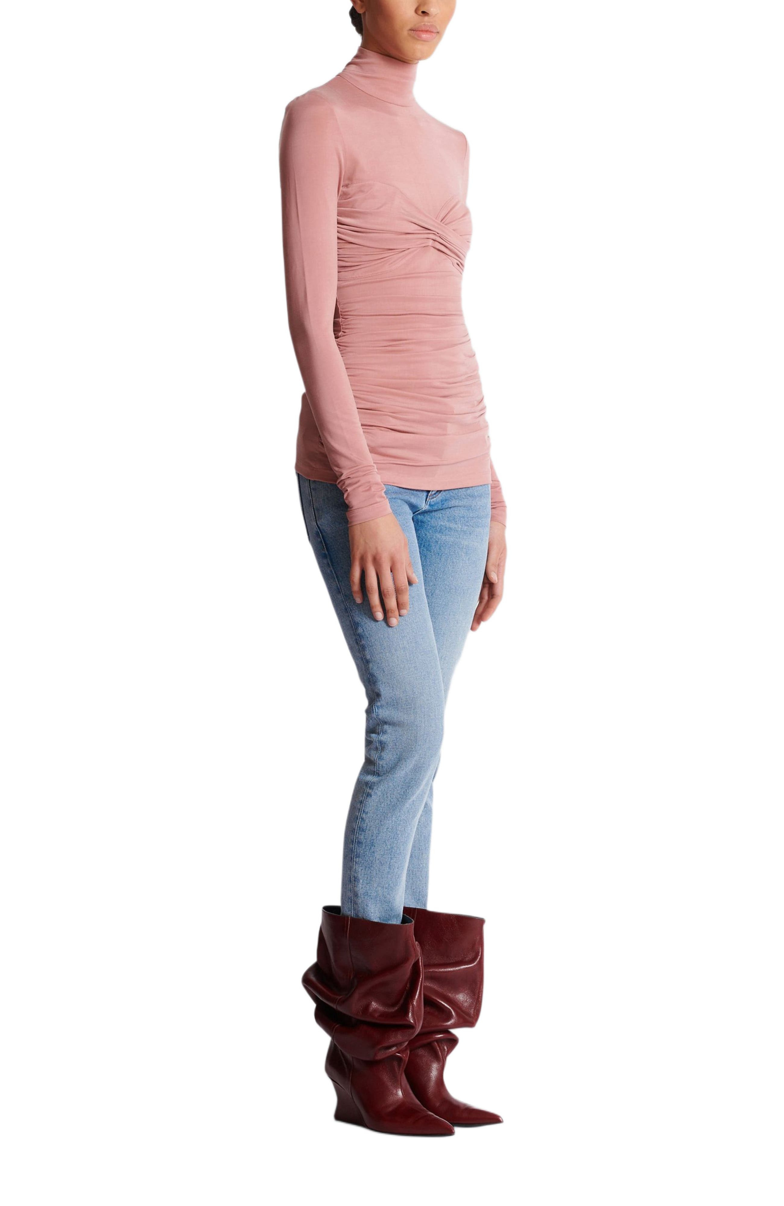 Balmain Pleated Long-Sleeved Jersey Top in Pink at Nordstrom - 1