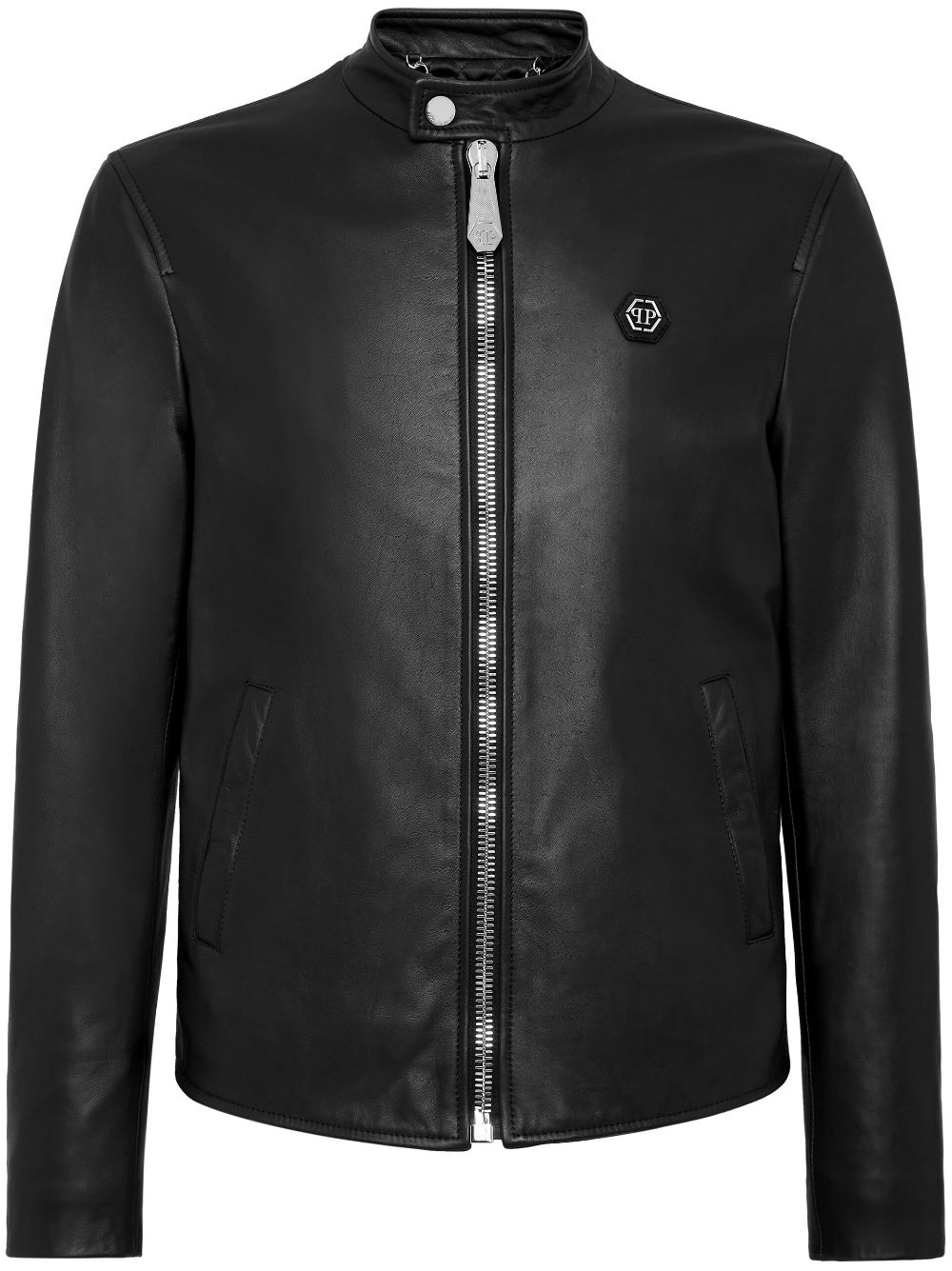 logo-patch leather jacket - 1
