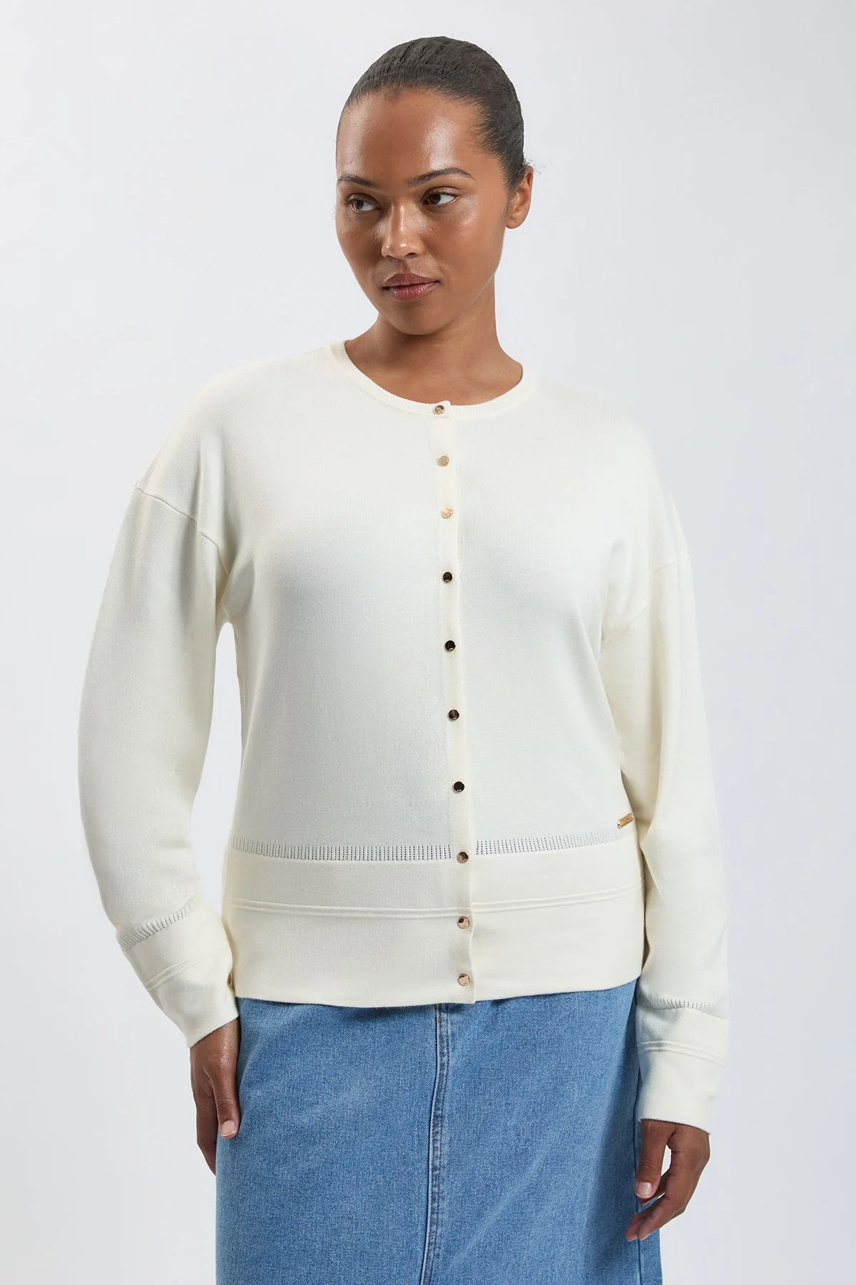 Plus Size Forever Viscose Blend Knitted Stitch Detail Balloon Sleeve Cardigan - 1