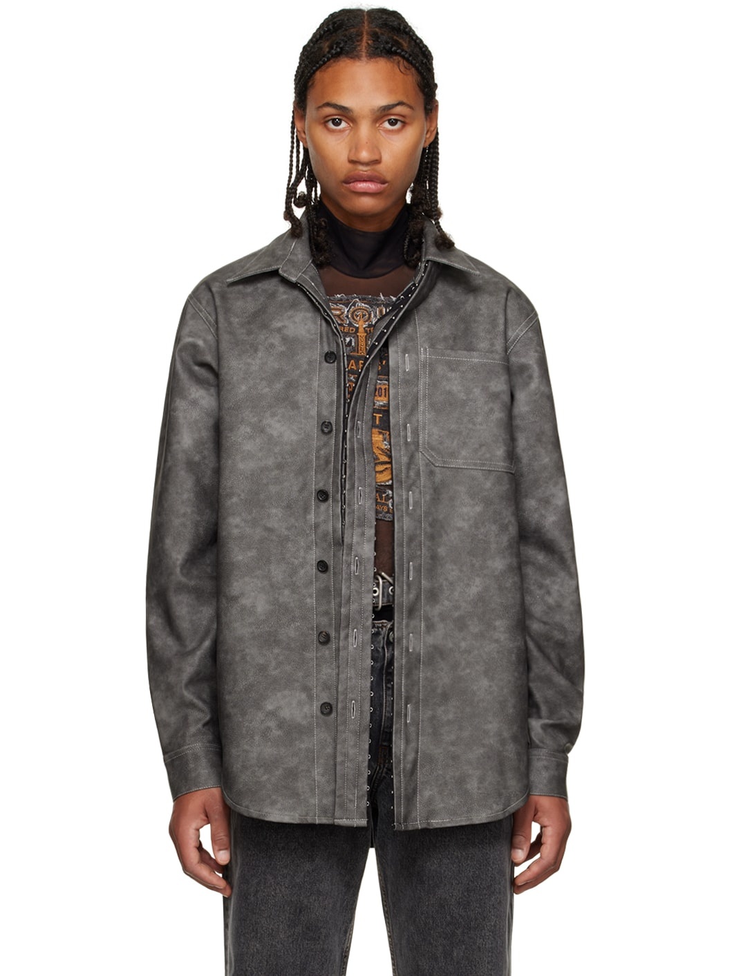 Gray Hook-Eye Faux-Leather Shirt - 1