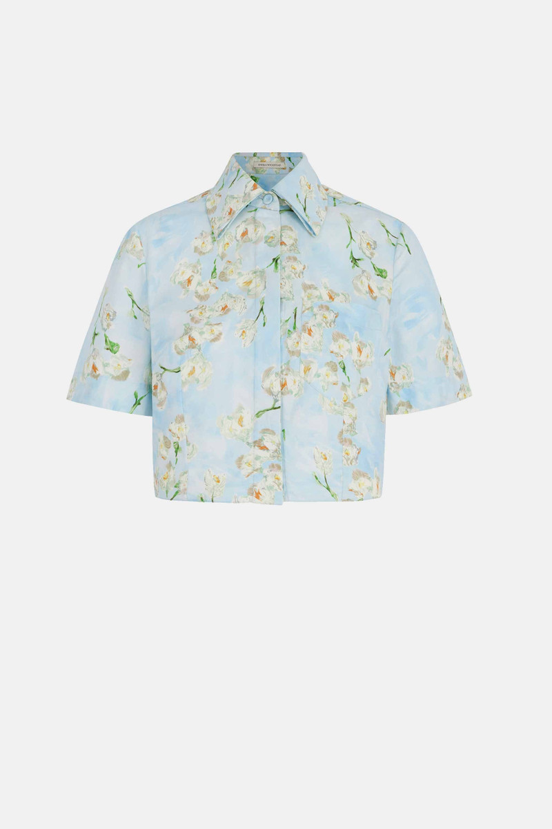 Natalie Cropped Shirt In Little Lillies On Blue Floral Print Cotton Poplin 1