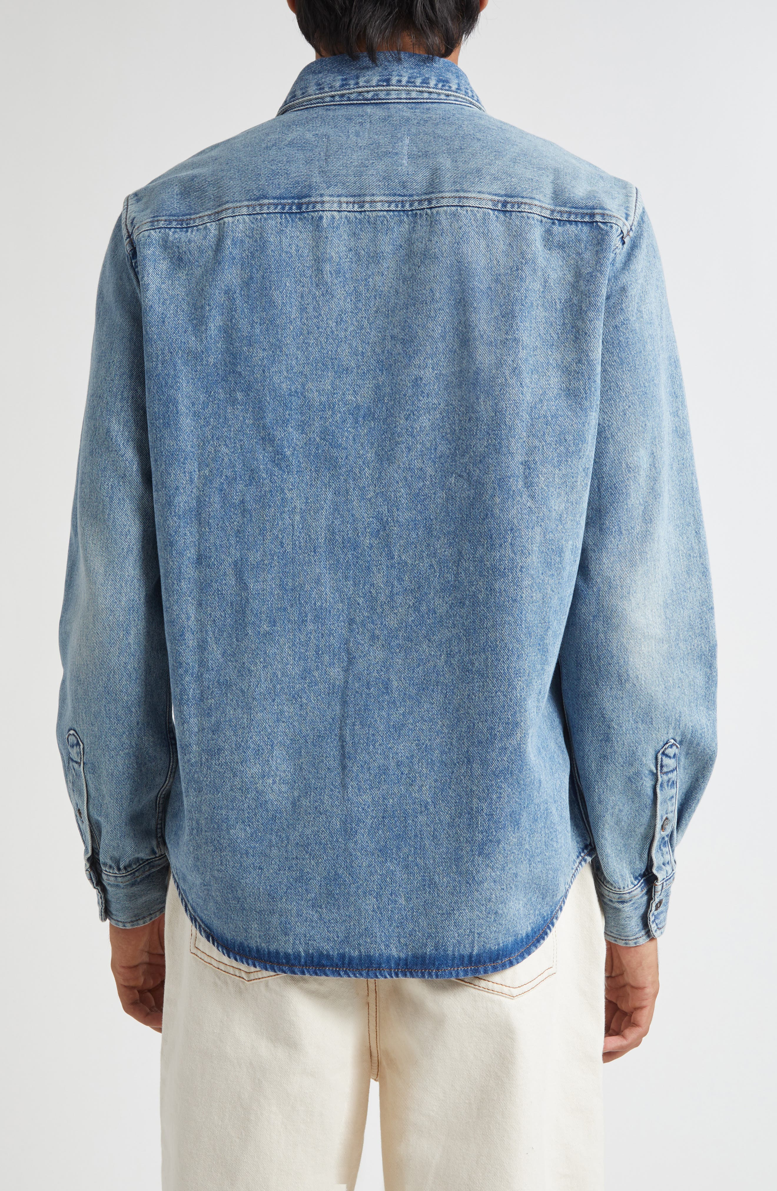AMI PARIS Ami De Coeur Embroidered Cotton Denim Button-Down Shirt in Bleu Used at Nordstrom - 2
