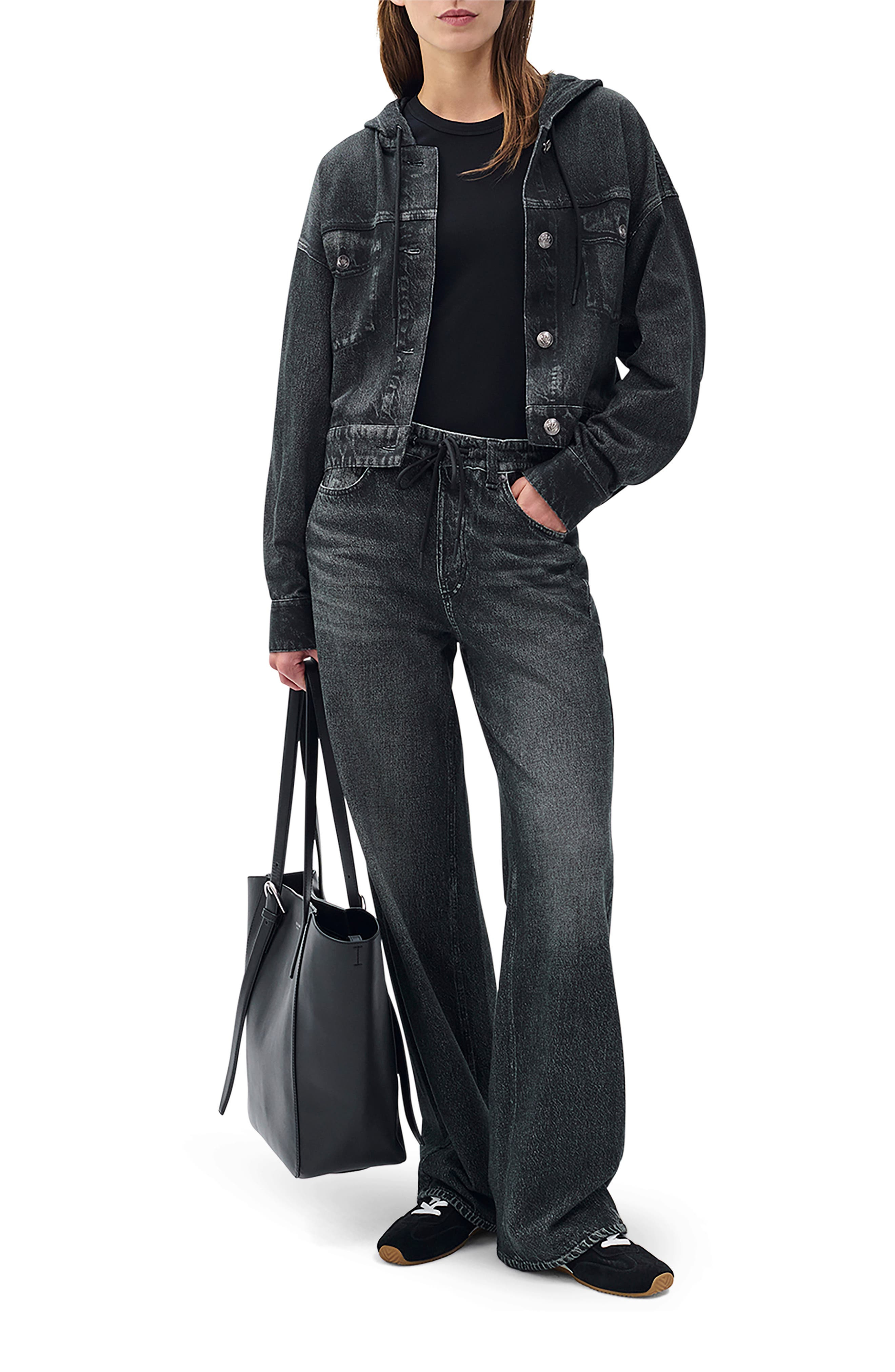 rag & bone Miramar Hooded Trompe l'Oeil Faux Denim Terry Trucker Jacket in Faded Black at Nordstrom - 5