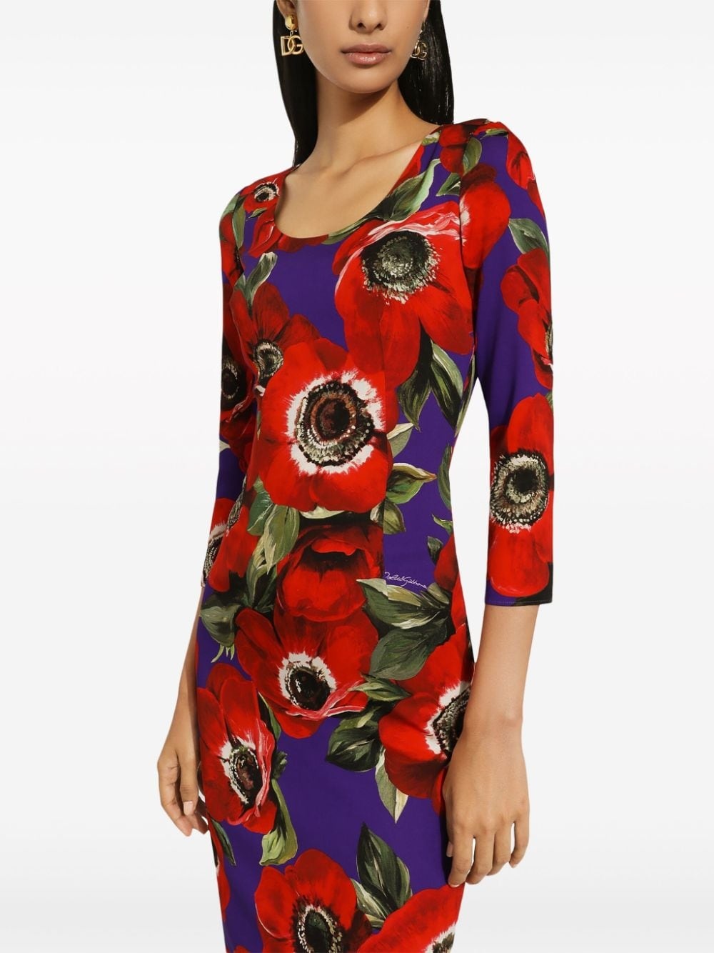 poppy-print round-neck midi dress - 5