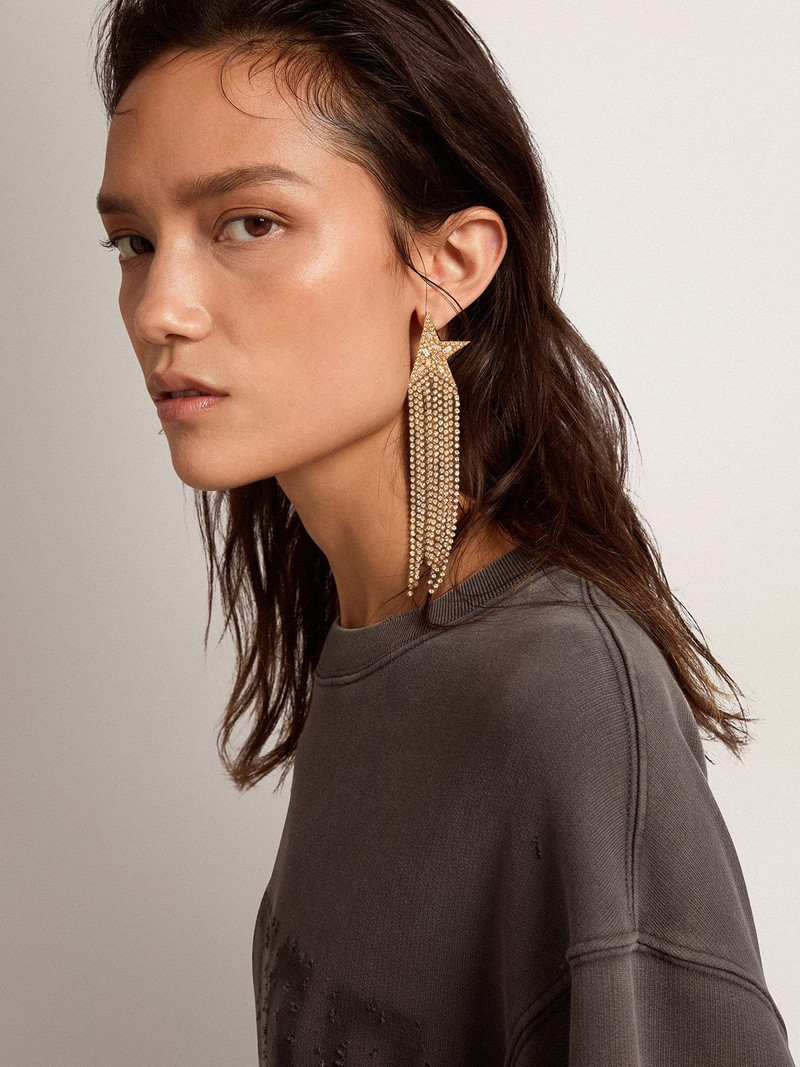 Golden Goose Women's single drop earring in antique gold color with decorative crystals outlook