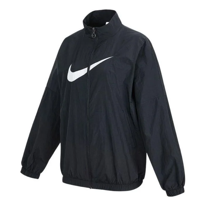 (WMNS) Nike Sportswear Essential Logo Pattern Wrinkled Woven Loose Stand Collar Jacket Black DM6182- - 1
