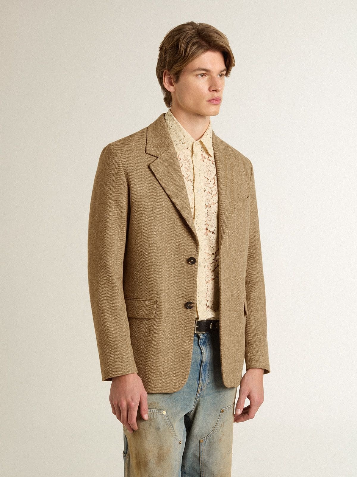 Men's single-breasted blazer in a sand-colored chevron linen blend. - 2