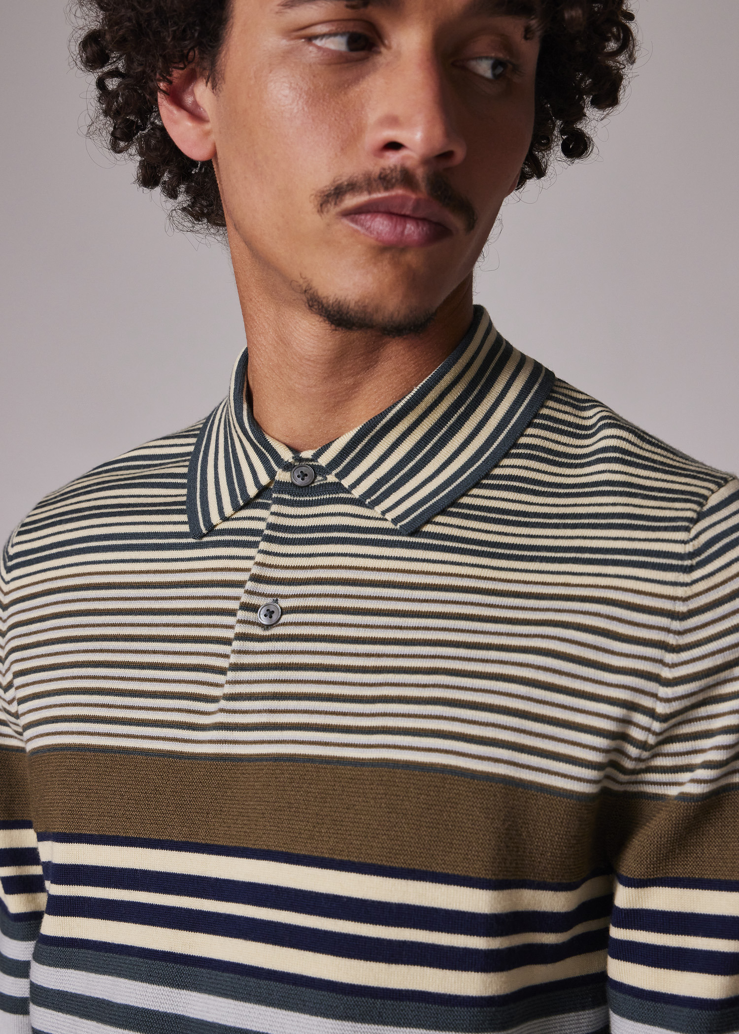 Khaki Merino Wool Stripe Long-Sleeve Polo Shirt - 3