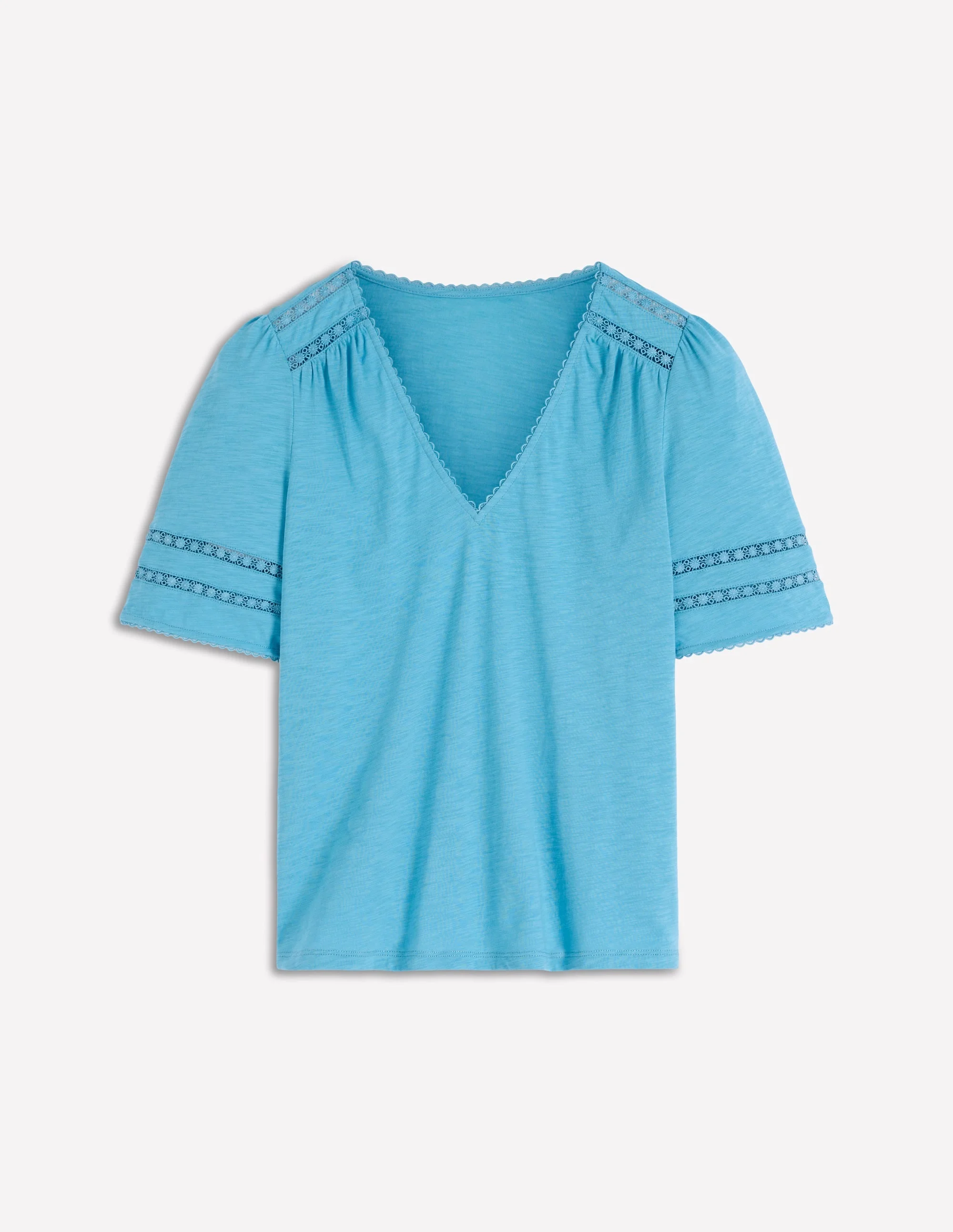 Poppy Trim V Neck T-Shirt-Duck Egg Blue - 1