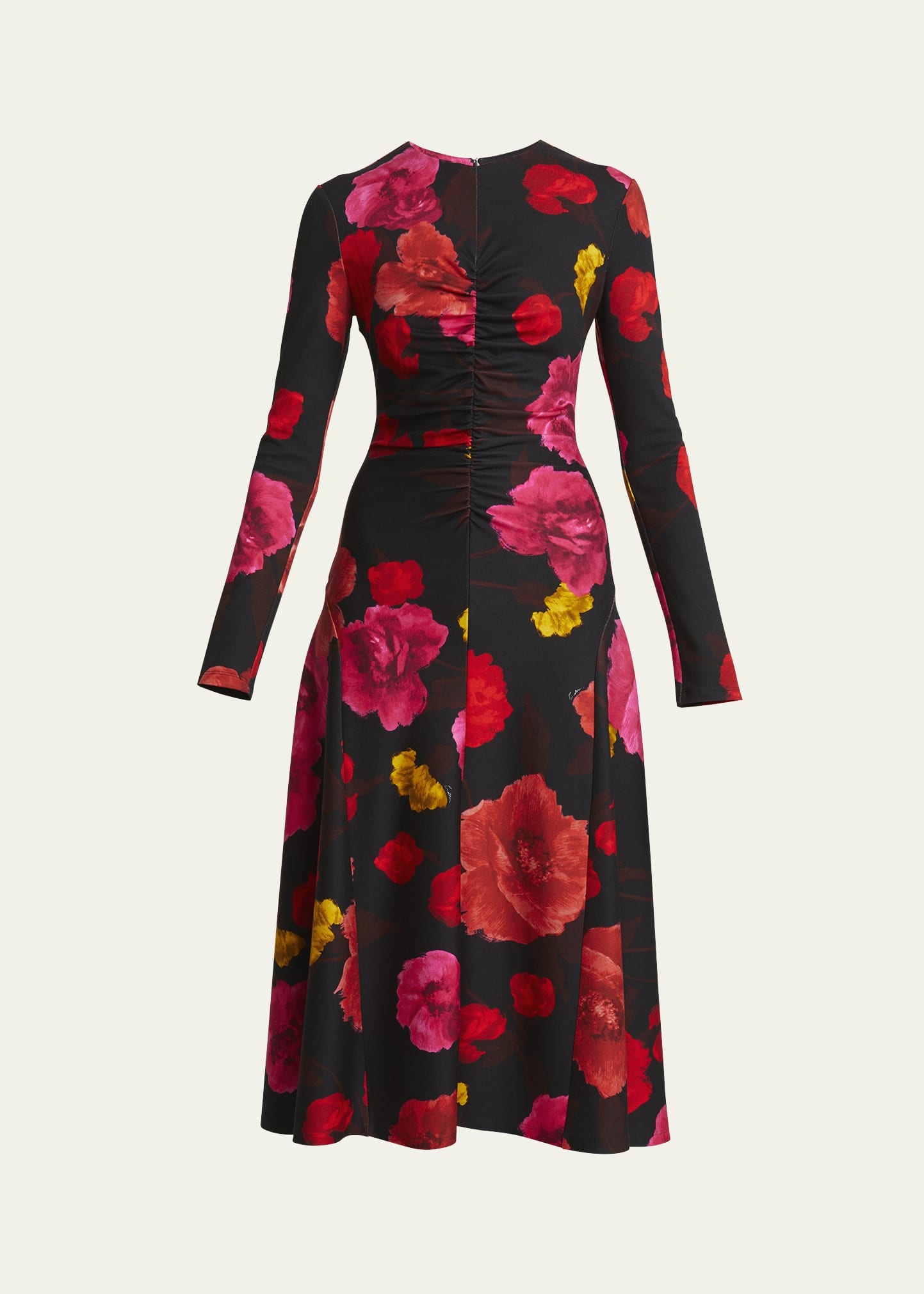 Ruched Floral Long-Sleeve Midi Dress - 1