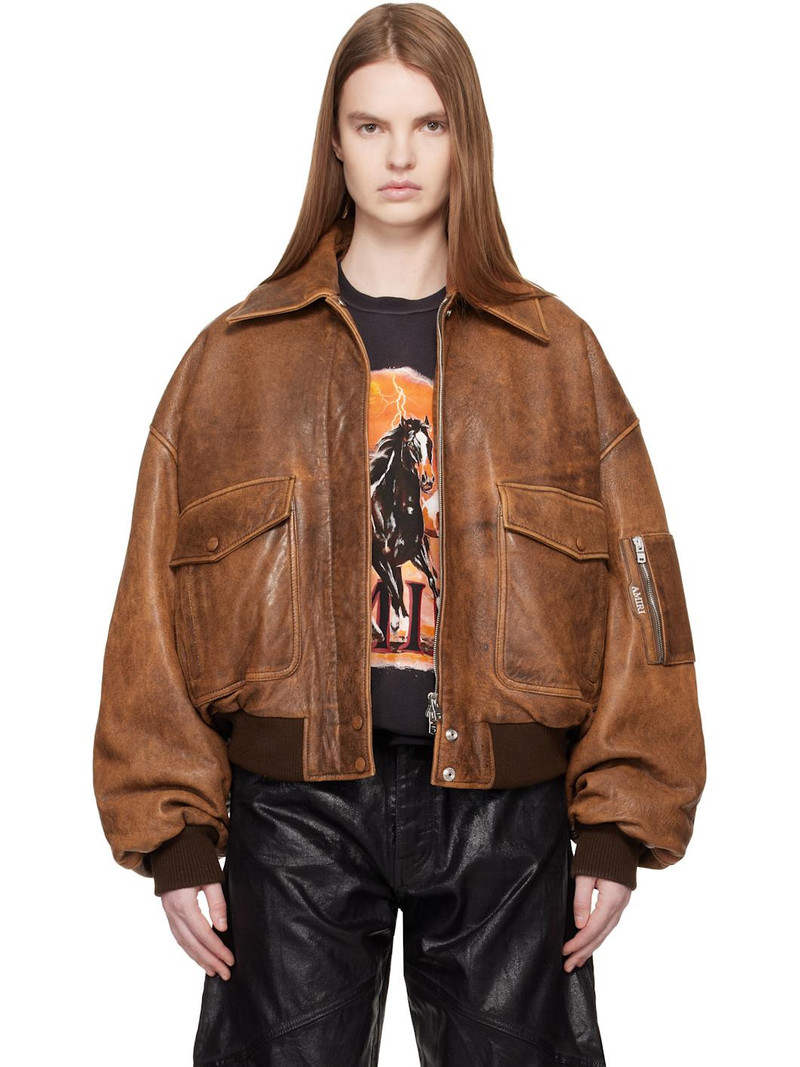 Tan Faded Leather Bomber Jacket 1