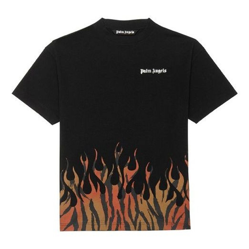 Men's PALM ANGELS Flame Alphabet Logo Printing Short Sleeve Black PMAA001E20JER0011020 - 1