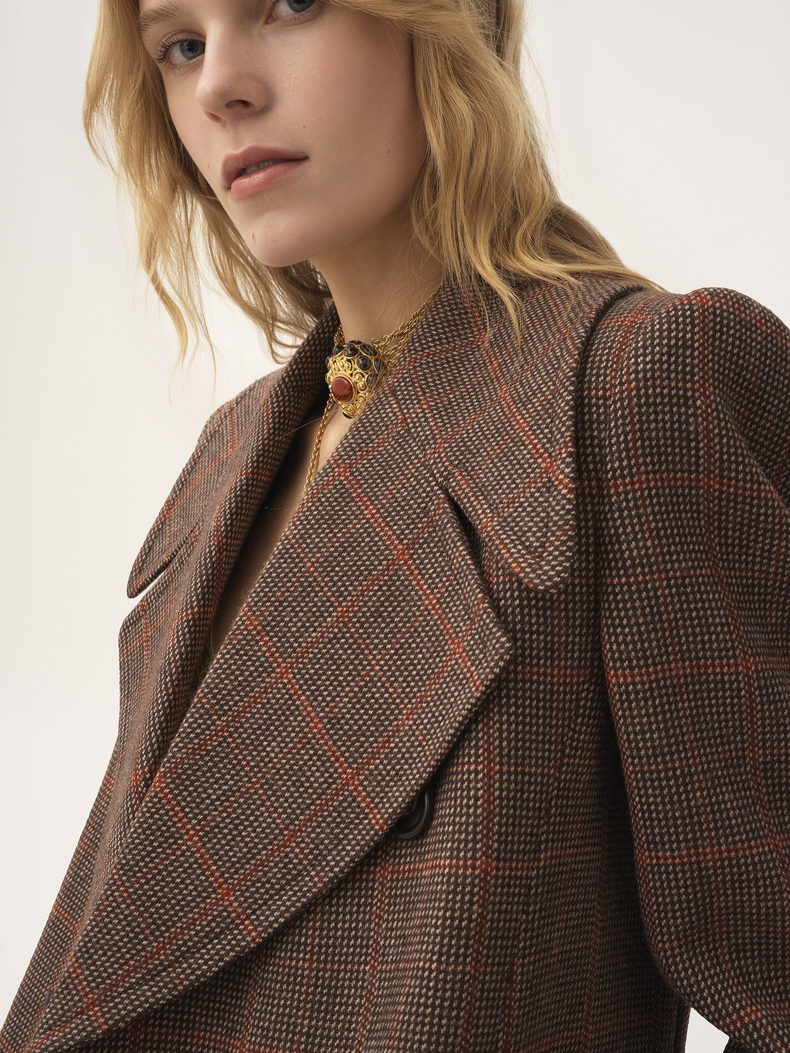 LONG DOUBLE-BREASTED COAT IN CHECK WOOL - 6