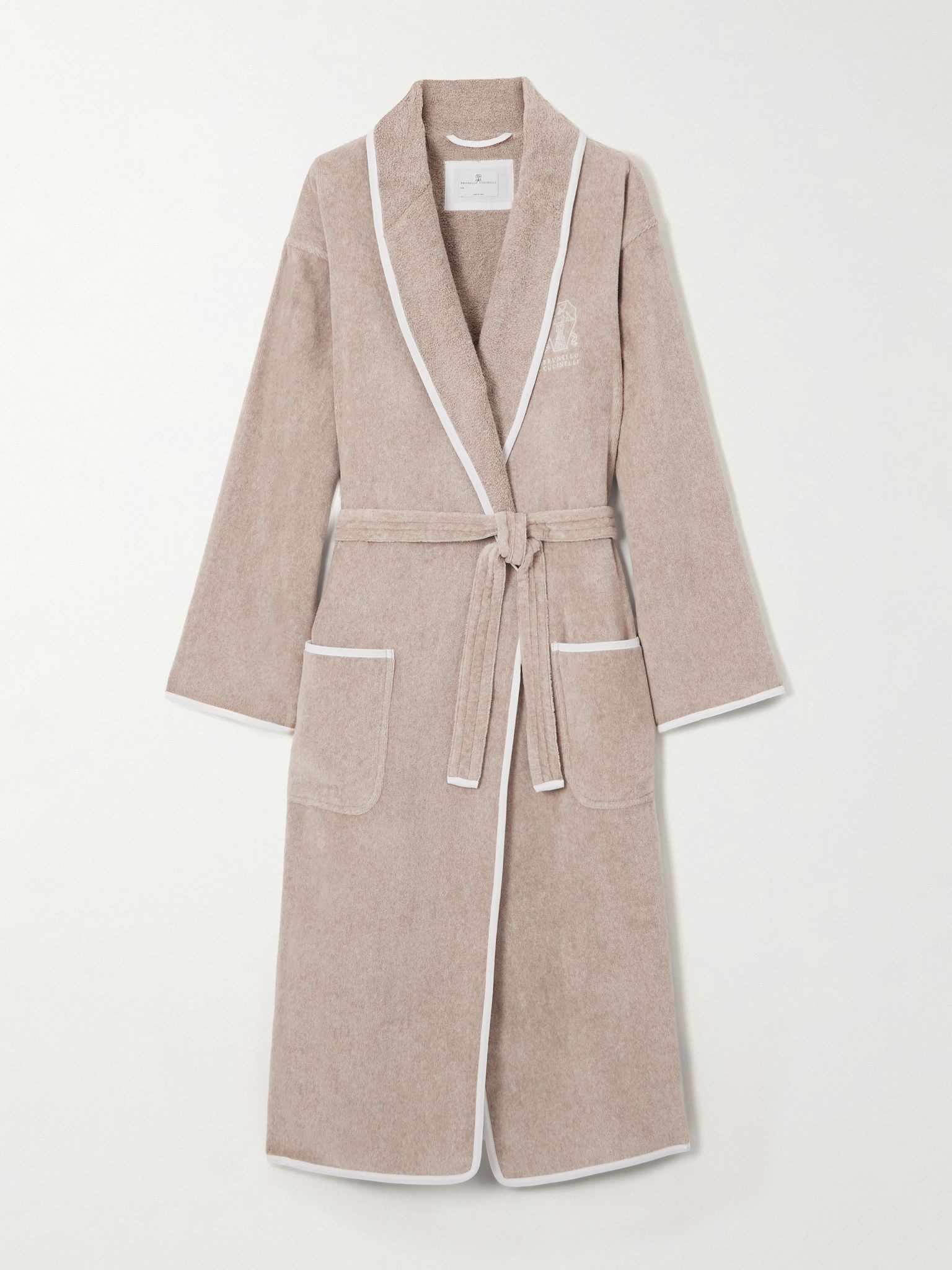 Embroidered linen-trimmed cotton-terry robe Beige - 1