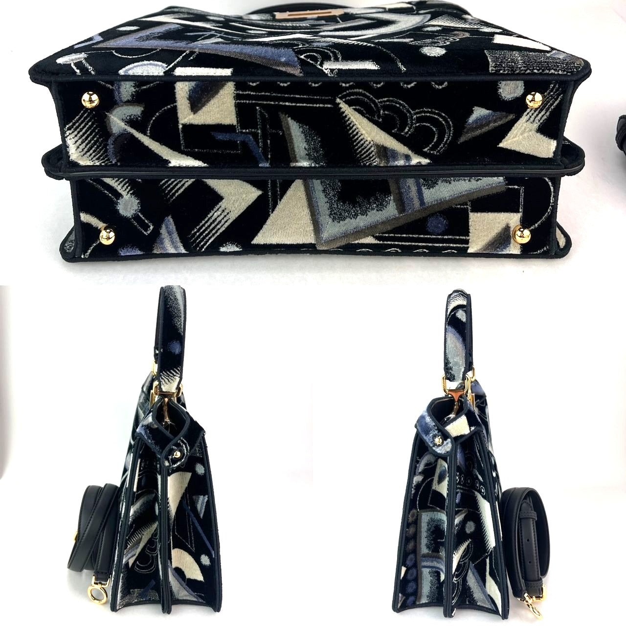 Fendi Peekaboo I see u Medium Printed Velvet Black Blue Satchel Shoulder Bag - 4