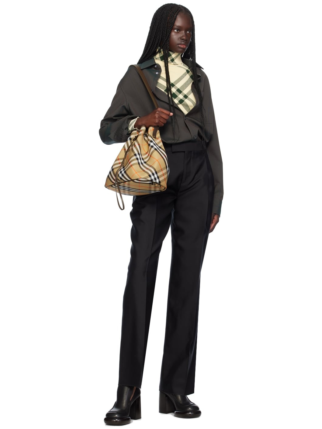 Beige Jacquard Check Drawstring Bucket Bag - 4