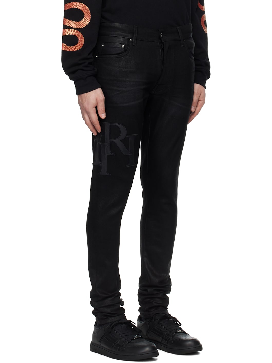 Black Waxed Staggered Logo Skinny Jeans - 2