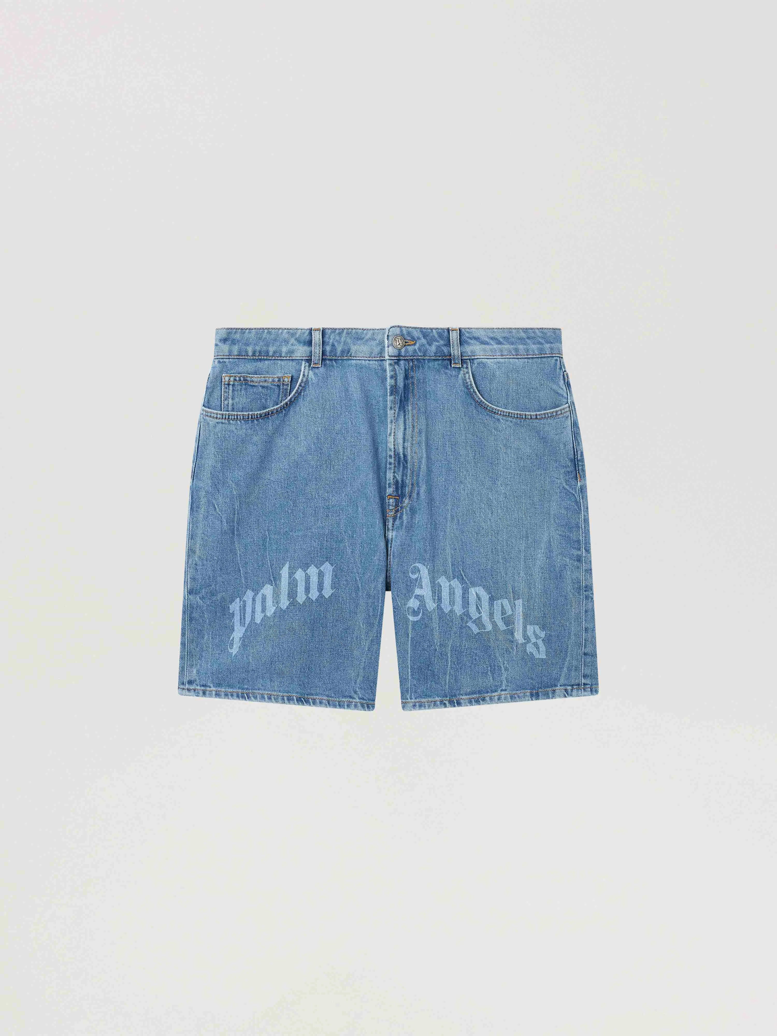 Splitted Curved Logo Loose Denim Shorts - 1