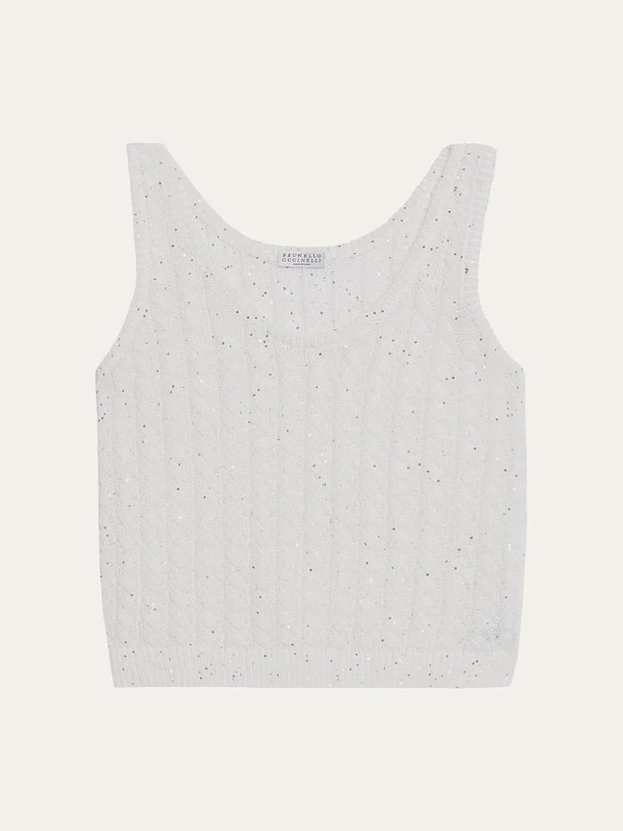 Linen Pailette Charming Cable Scoop-Neck Tank Top - 1