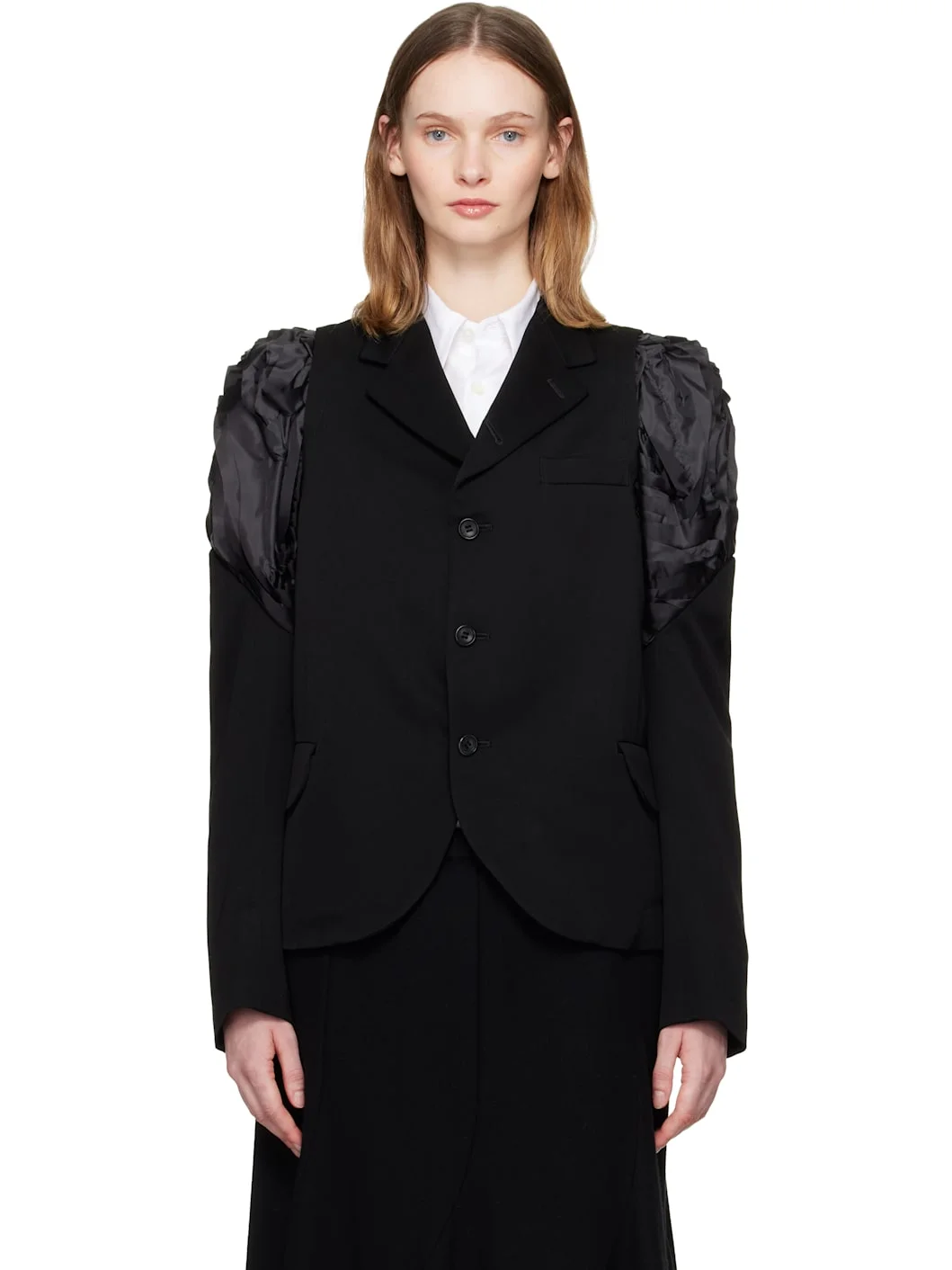 Black Ruched Shoulder Blazer - 1