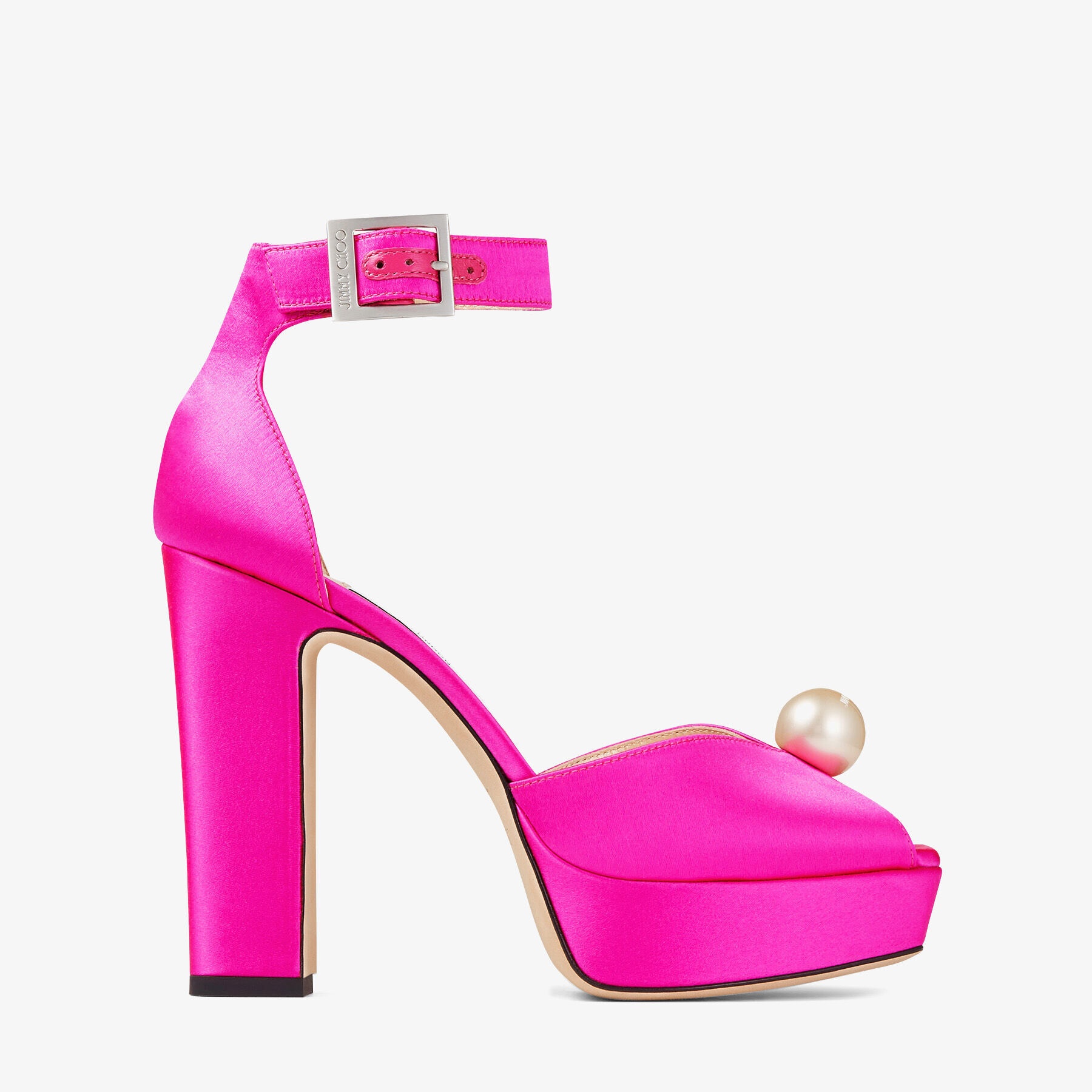 JIMMY CHOO Socorie 120 Fuchsia Satin Platform Sandals with Pearl 