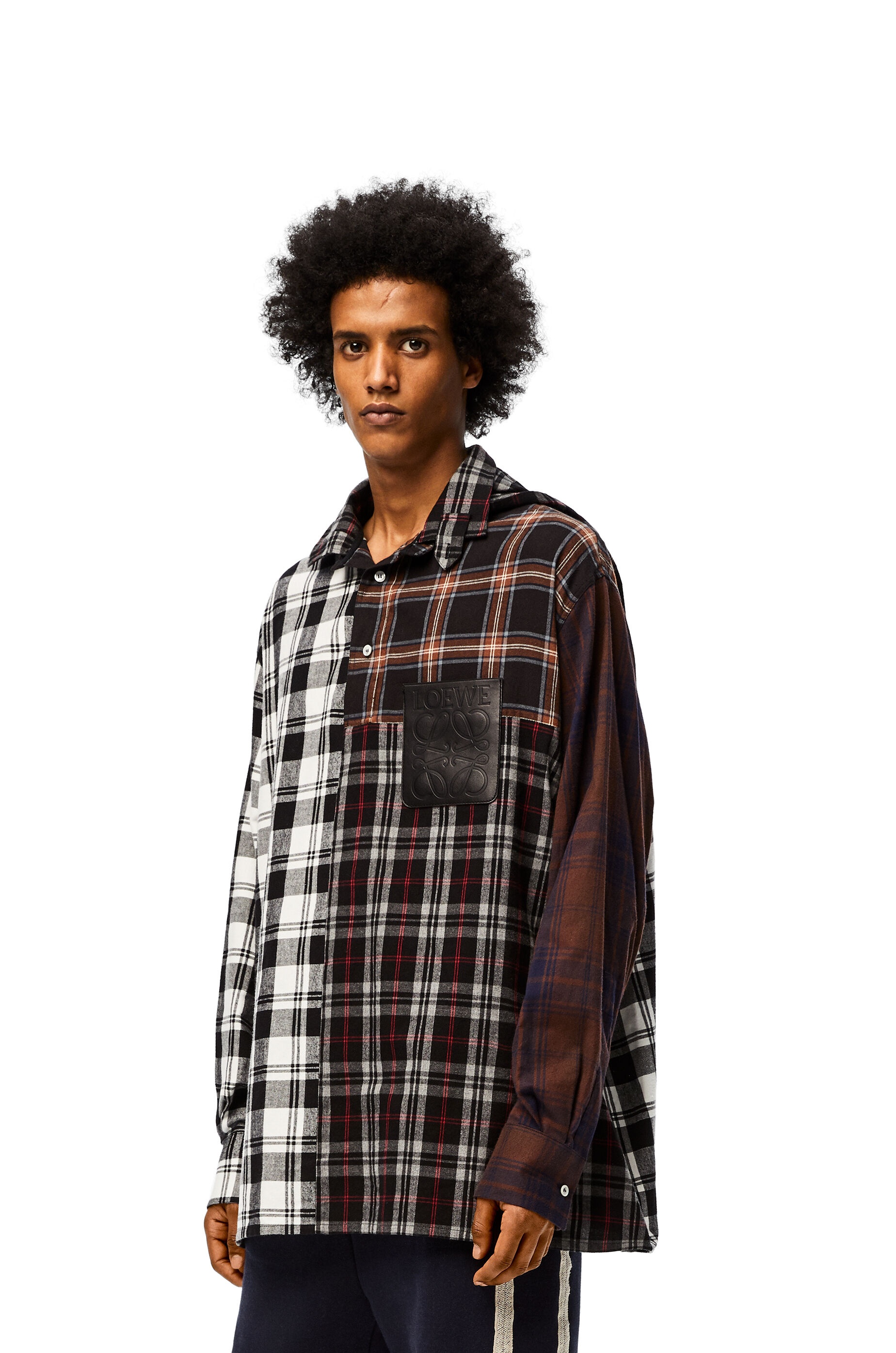 Patchwork oversize hooded shirt in check cotton - 3