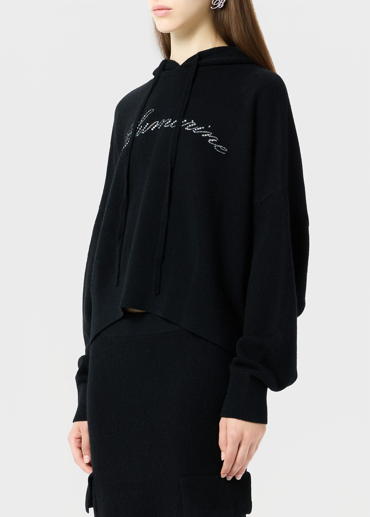 WOOL HOODED SWEATER WITH RHINESTONE LOGO - 5
