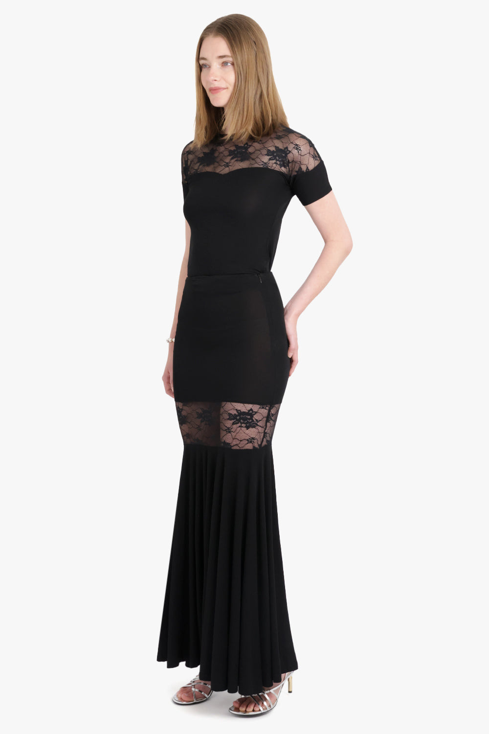 FLUID MERMAID MAXI SKIRT WITH LACE PANEL | BLACK - 2