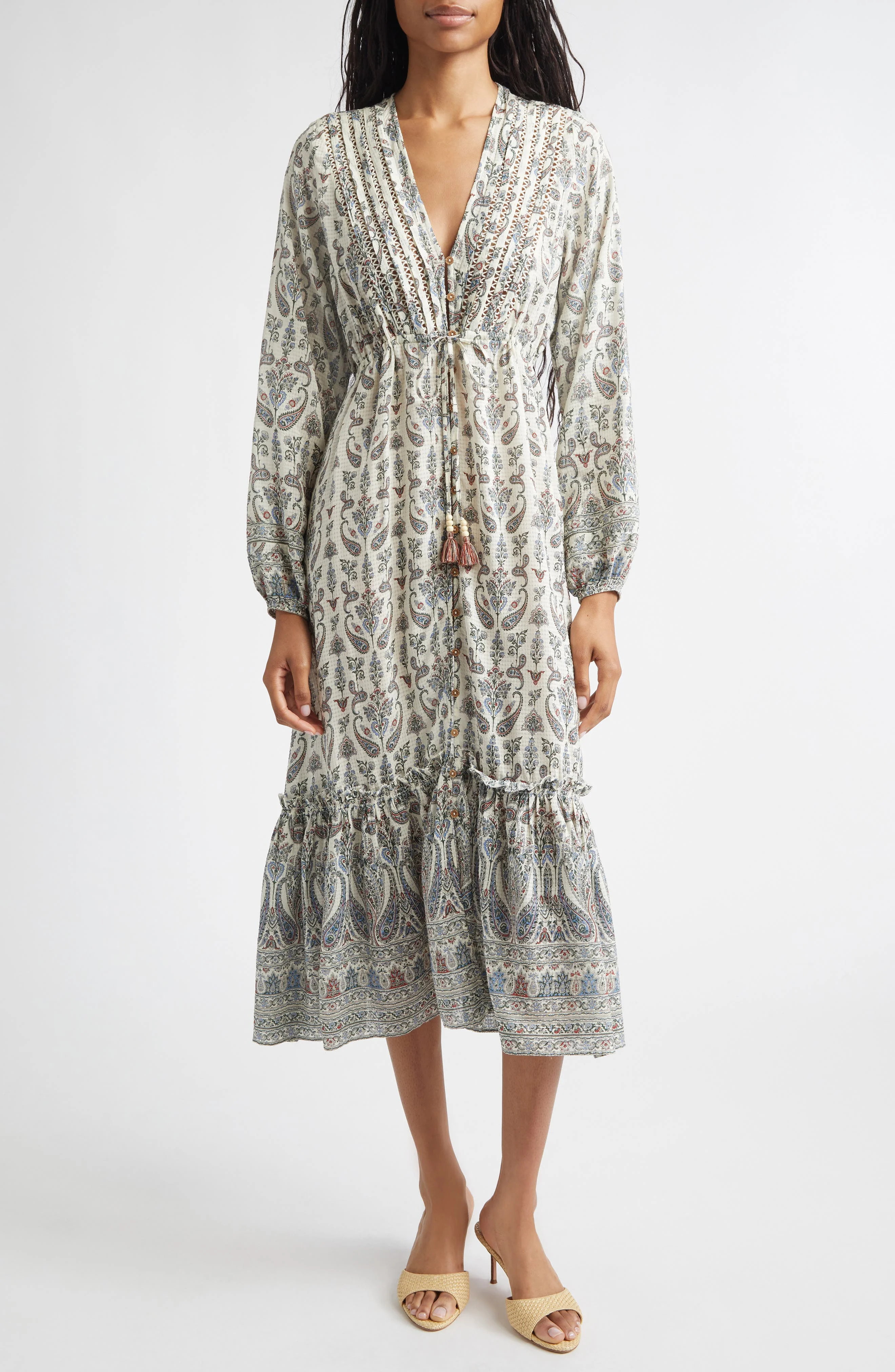 Veronica Beard Paisley Tie Waist Midi Dress in Ecru Multi at Nordstrom - 1