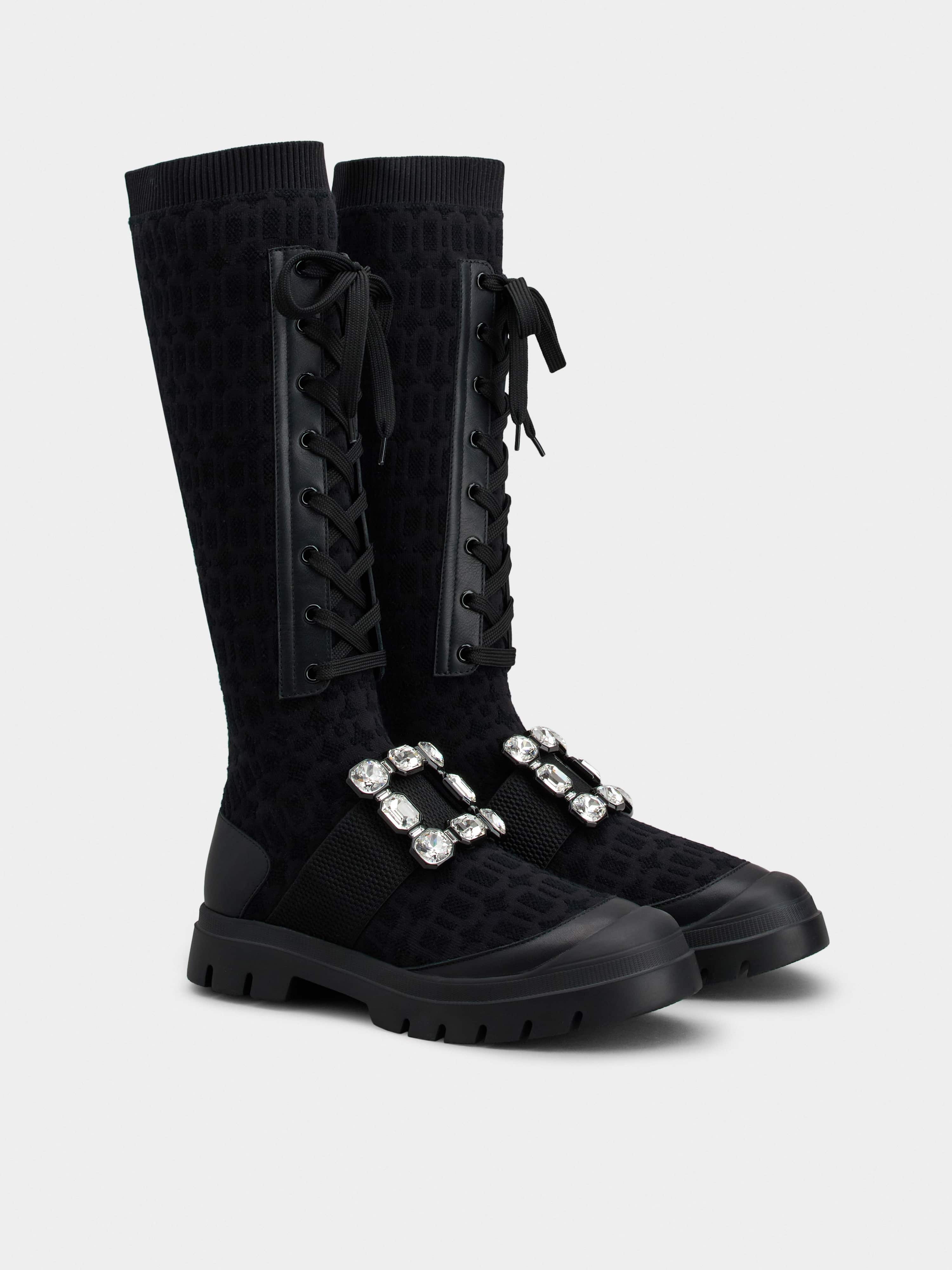 Walky Viv' Strass Buckle Socks Boots in Fabric and Leather - 3