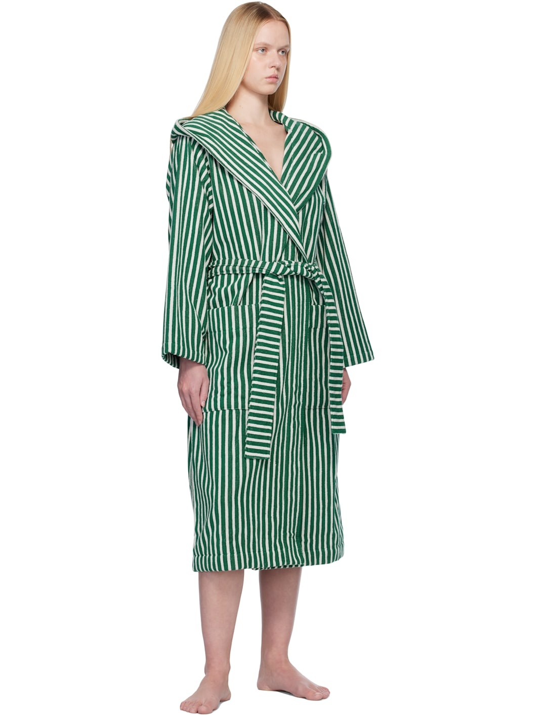 Green & White Terry Hooded Bathrobe - 4